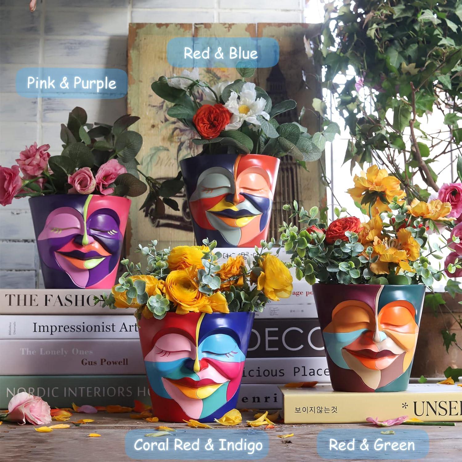 Colorful Abstract Face Planter with Drainage for Indoor and Outdoor Use