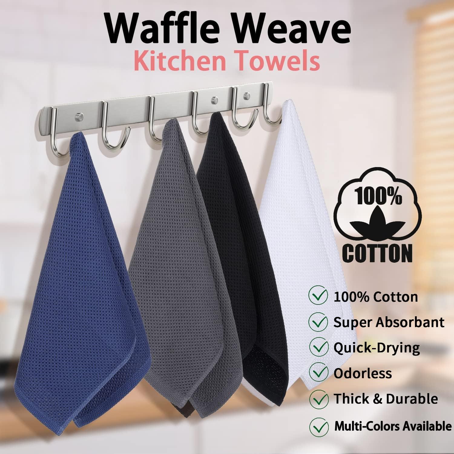 RUseeN 100% Cotton Waffle Weave Kitchen Dish Towels, Ultra Soft Absorbent Quick Drying Cleaning Towel, 13x28 Inches, 4-Pack, Black