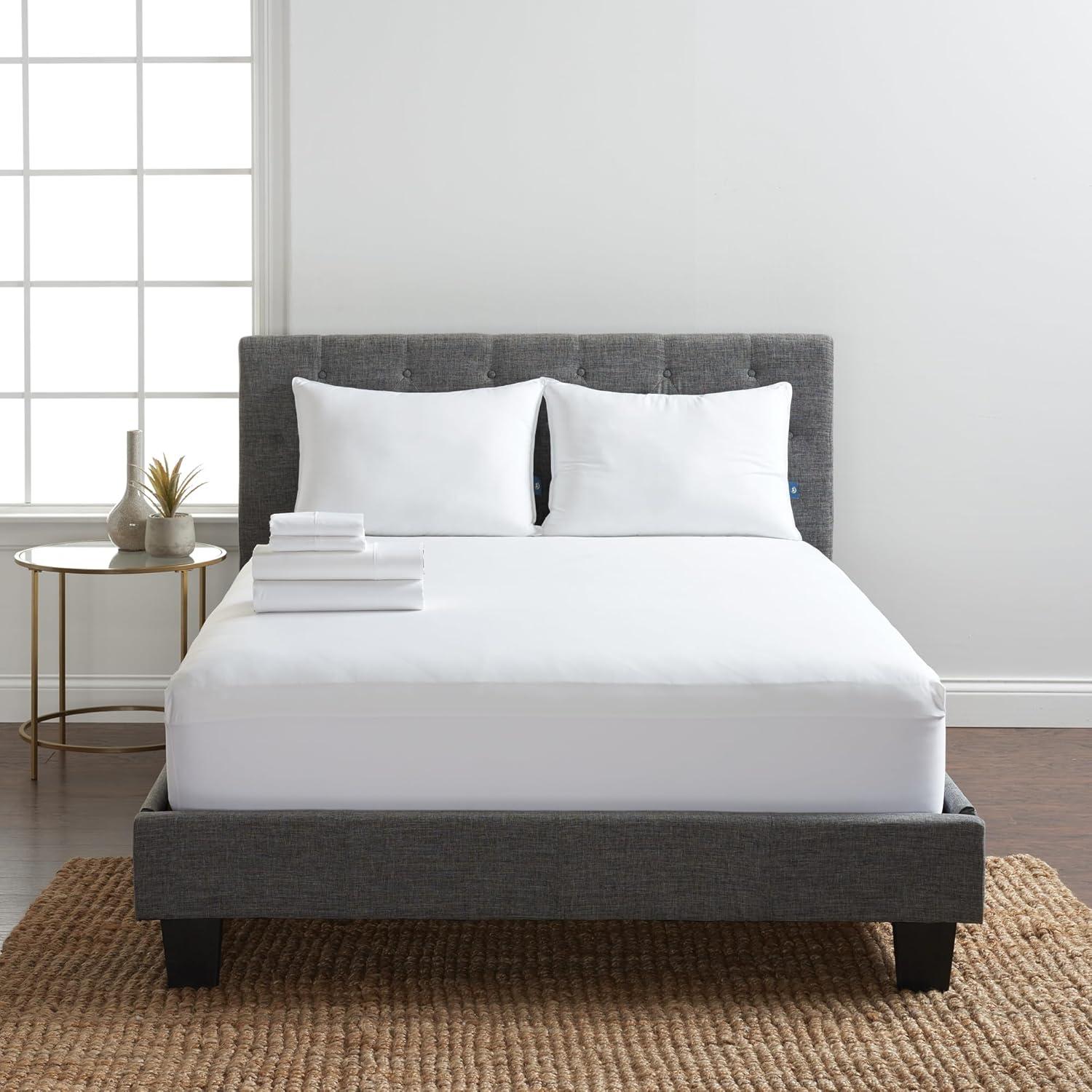 Serta Classic Bedding Bundle - Contains a Twin Size Mattress Protector and Sheet Set Along with One Standard Pillow - CertiPUR-US Certified White