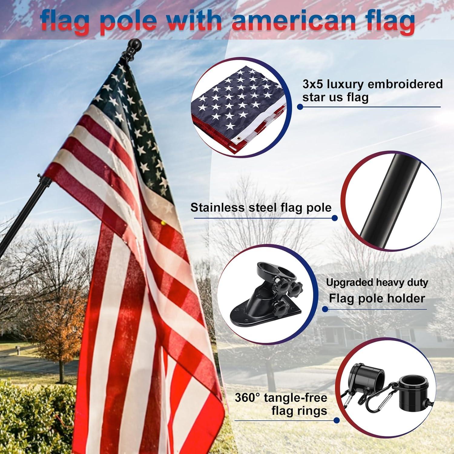 AEASKIEY 5FT Tangle Free Stainless Steel Metal Flag Pole (Black) with 3x5 Embroidered US Flag and Bracket.