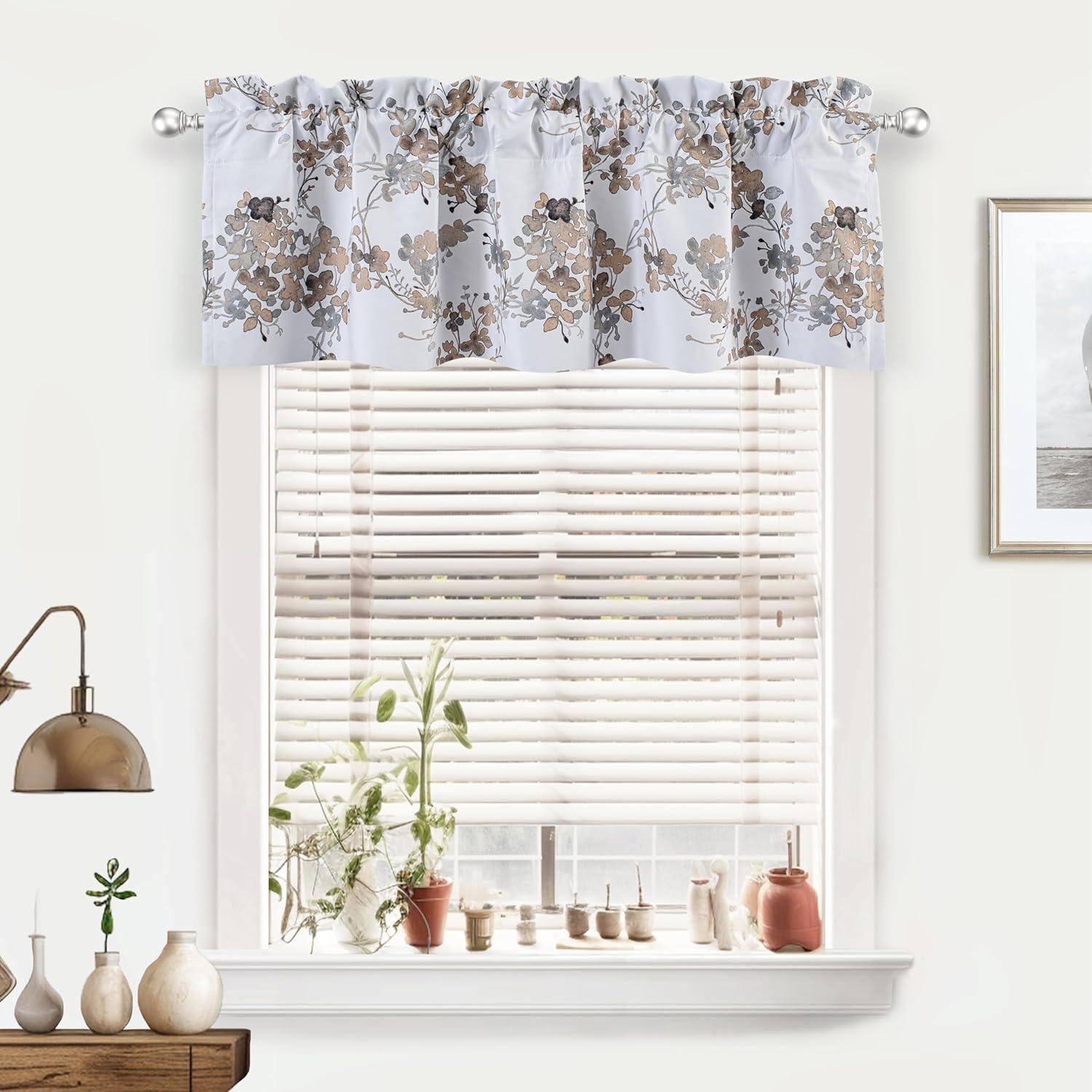 Beige Floral Thermal Insulated Rod Pocket Valance 52 x 14 Inch