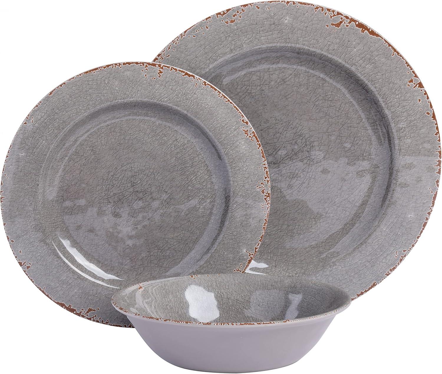 Mauna Gray Crackle Melamine 12-Piece Dinnerware Set, Service for 4