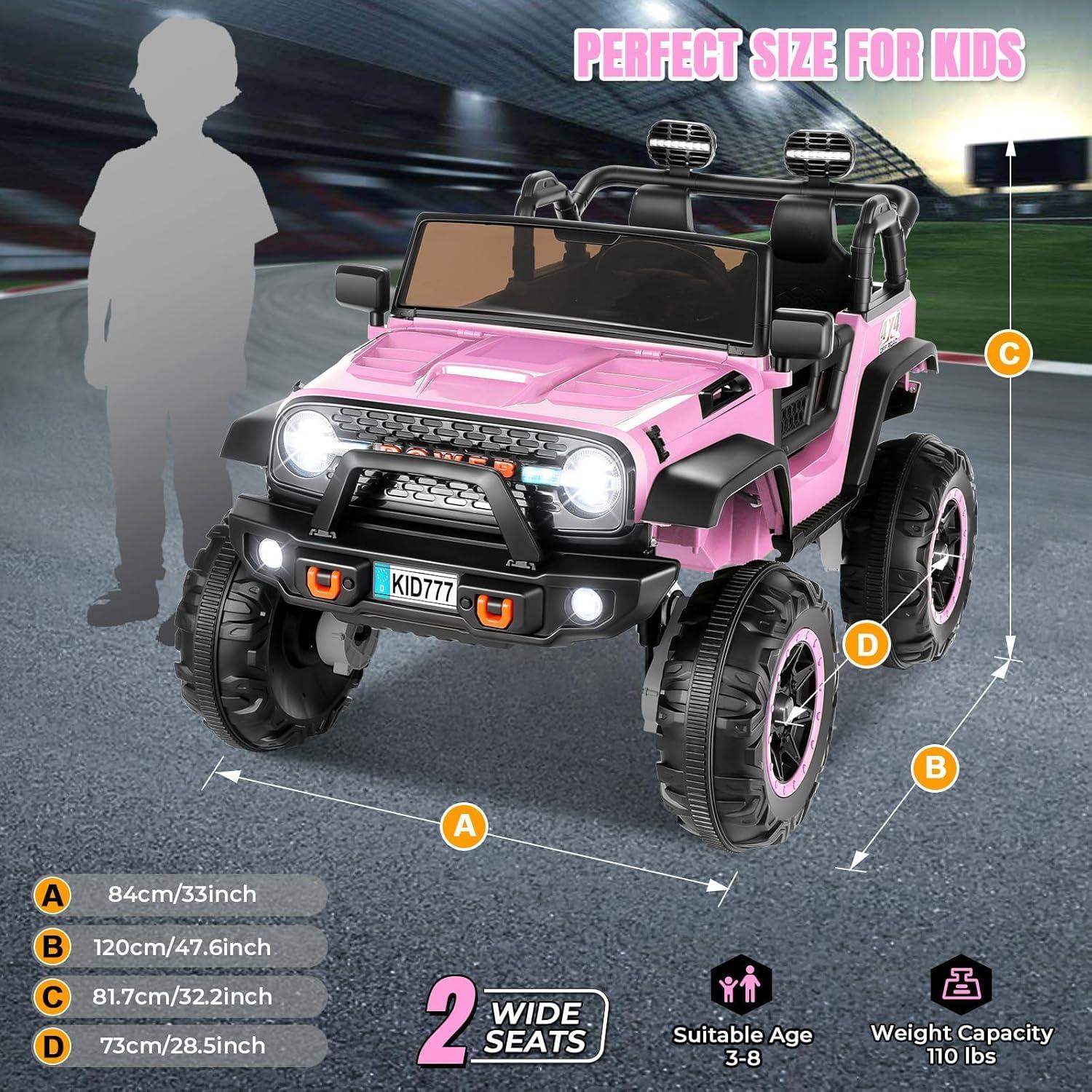 Electric Ride On Car, 24V 2 Seats for Kids, with Remote Control, 4WD Spring Suspension, 2 Speeds, Music, for 3+,Pink