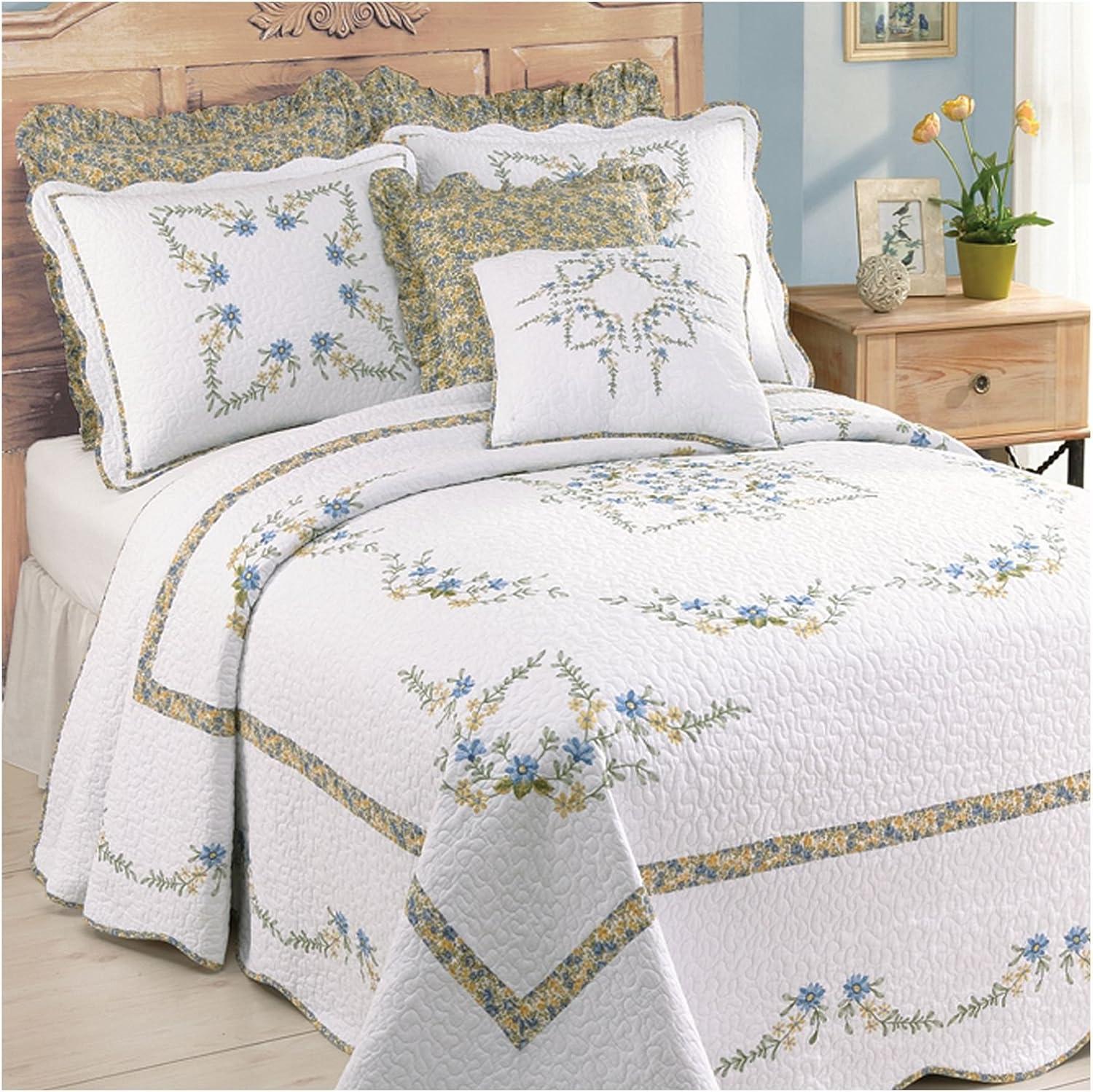 Heather Twin Blue Cotton Bedspread with Scalloped Edge