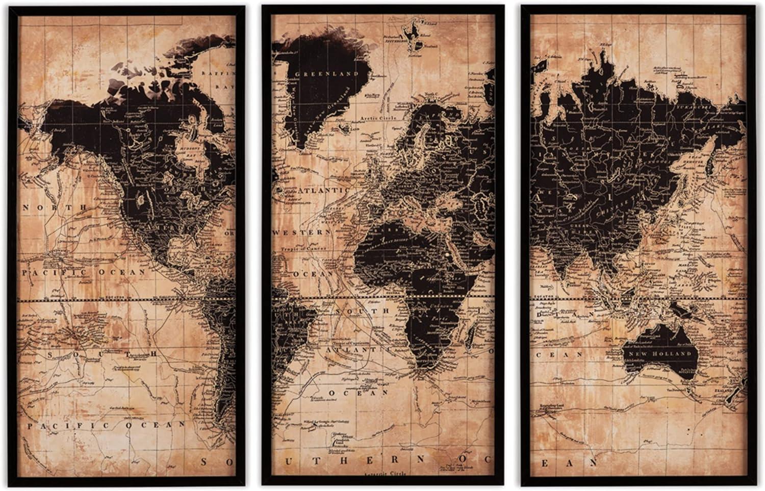 Contemporary World Map Canvas Art in Beige and Black
