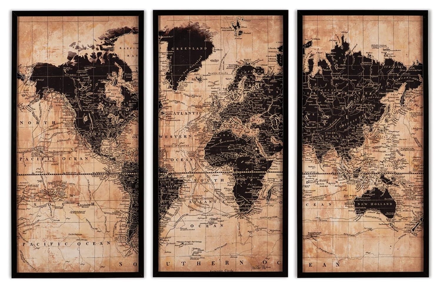 Contemporary World Map Canvas Art in Beige and Black