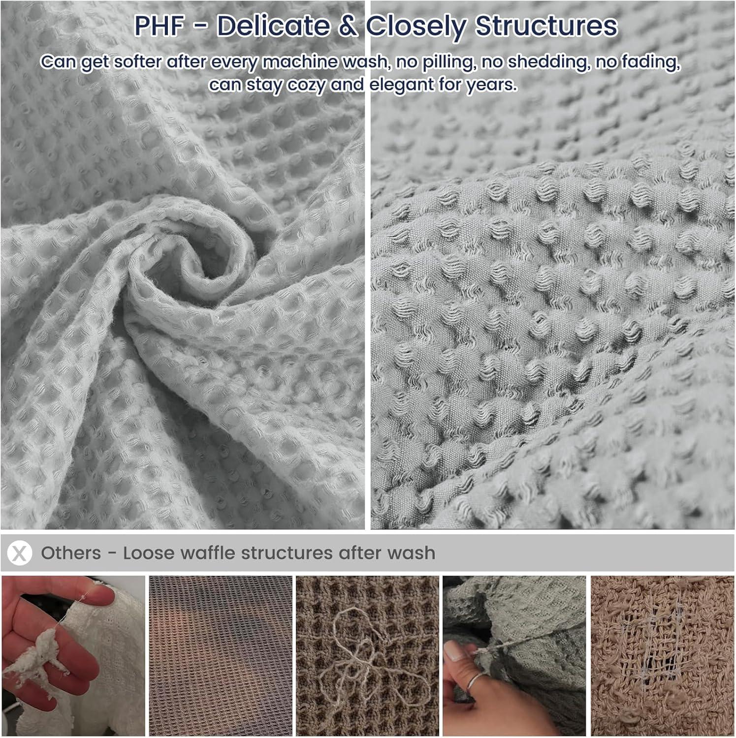 PHF Cotton Waffle Weave Blanket Lightweight Washed Cotton Bed & Couch Blanket, Light Grey, 66" x 90"