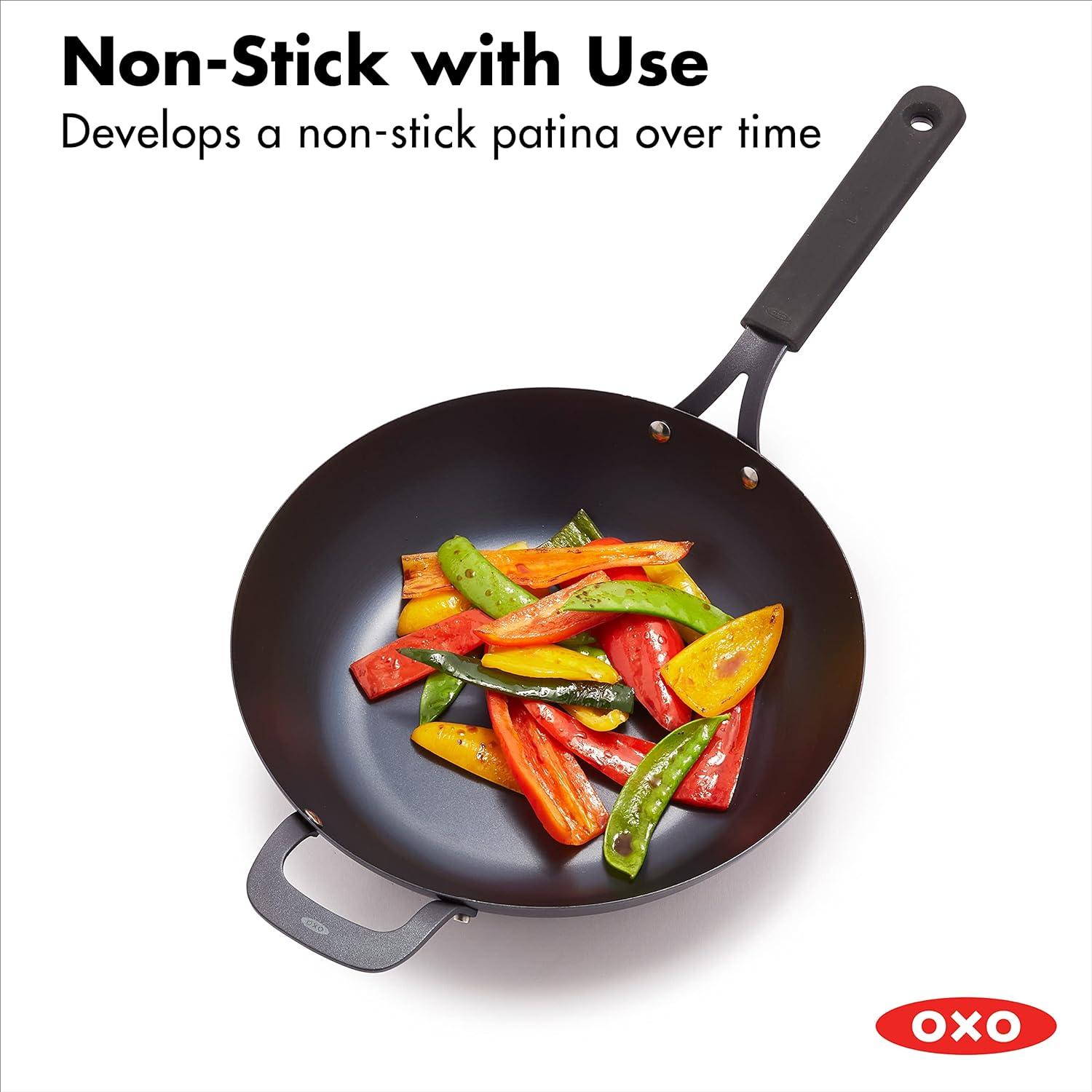 OXO 12" Steel Open Wok with Silicone Sleeve Black: Carbon Steel Pan, 12 Inch, Induction & Gas Compatible, Hand Wash