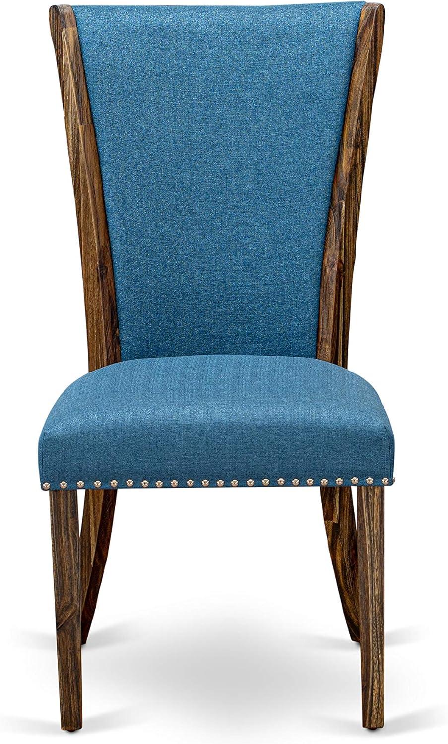 Verona Distressed Jacobean Wood Frame Dining Chair with Blue Linen Fabric Seat with Nail Head & Stylish Back - Set of 2