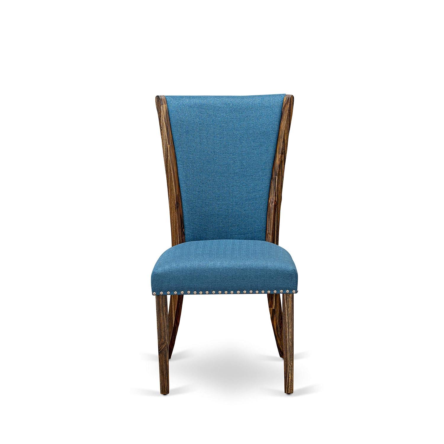 Verona Distressed Jacobean Wood Frame Dining Chair with Blue Linen Fabric Seat with Nail Head & Stylish Back - Set of 2