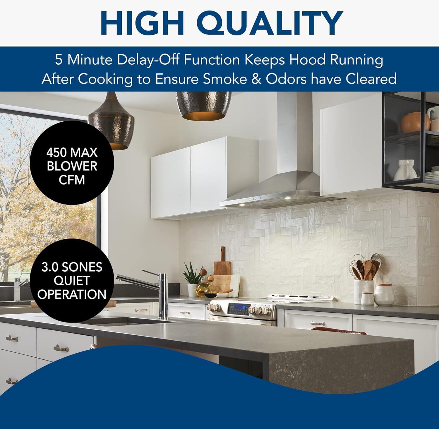 Broan-NuTone BWP1364SS Pyramidal Range LED Lighting Convertiable Wall-Mount Kitchen Chimney Vent Hood, 36-Inch, Stainless Steel