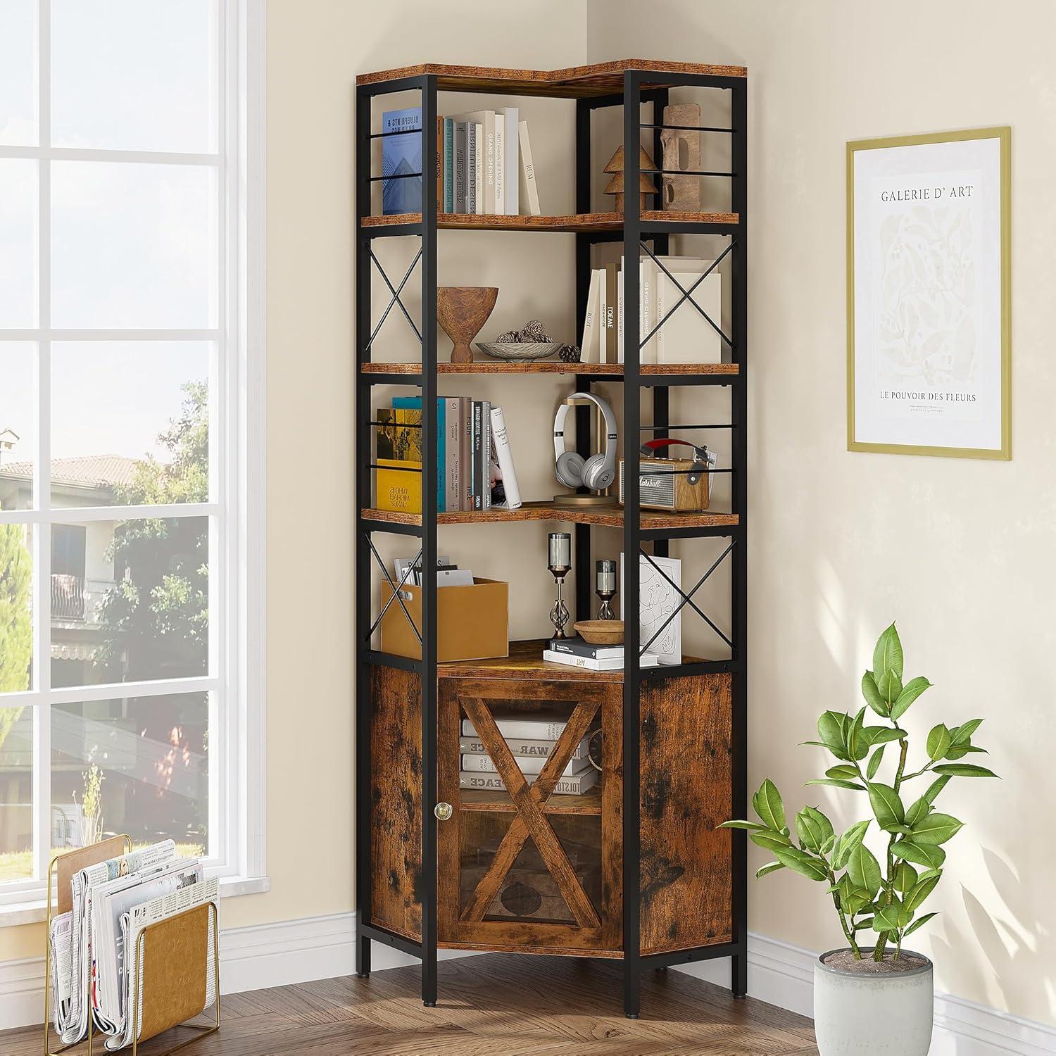 JTAOT 7 Tier Industrial Corner Bookshelf Bookcase Storage Display Rack Home Office