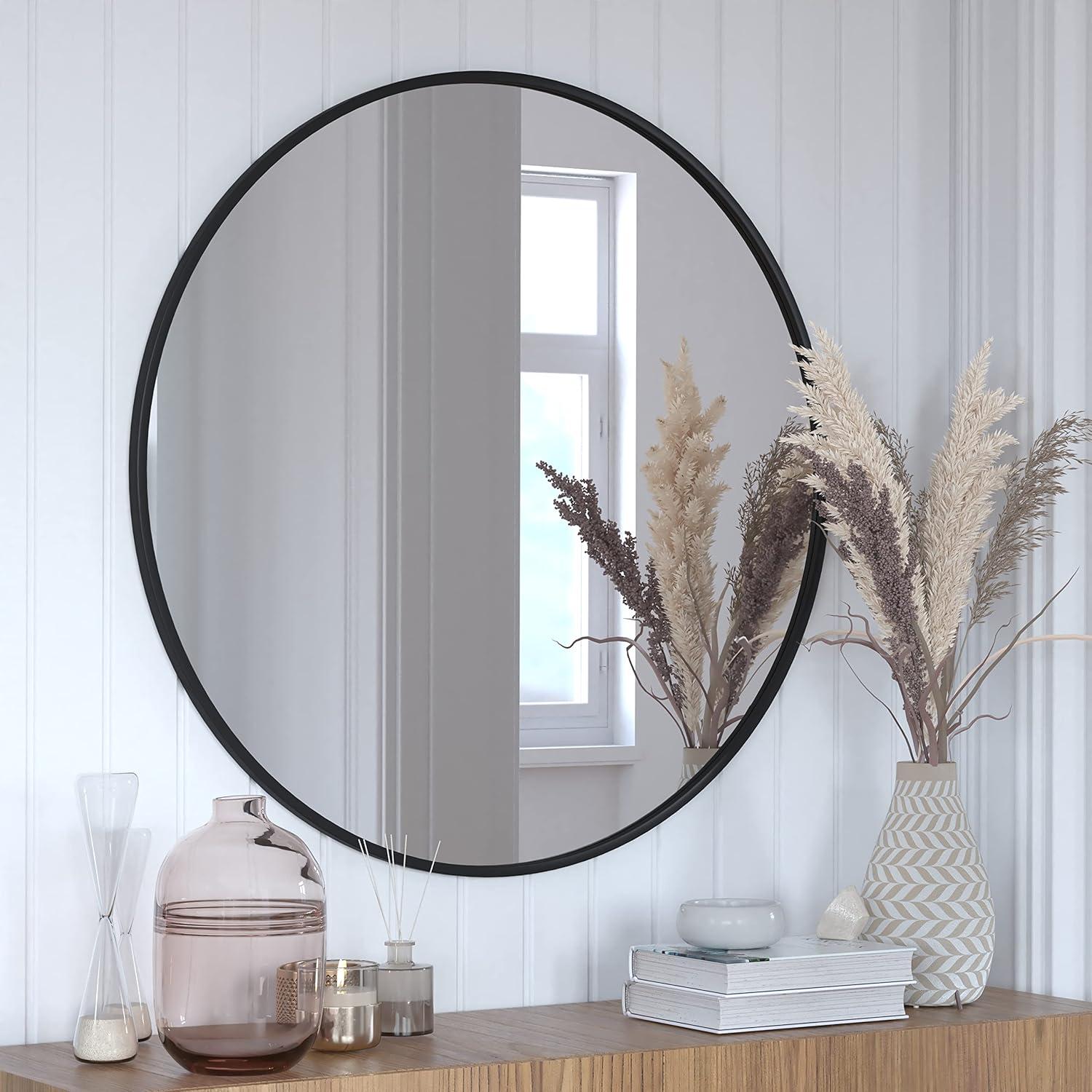 Flash Furniture Julianne 36" Round Black Metal Framed Wall Mirror - Large Accent Mirror for Bathroom, Vanity, Entryway, Dining Room, & Living Room