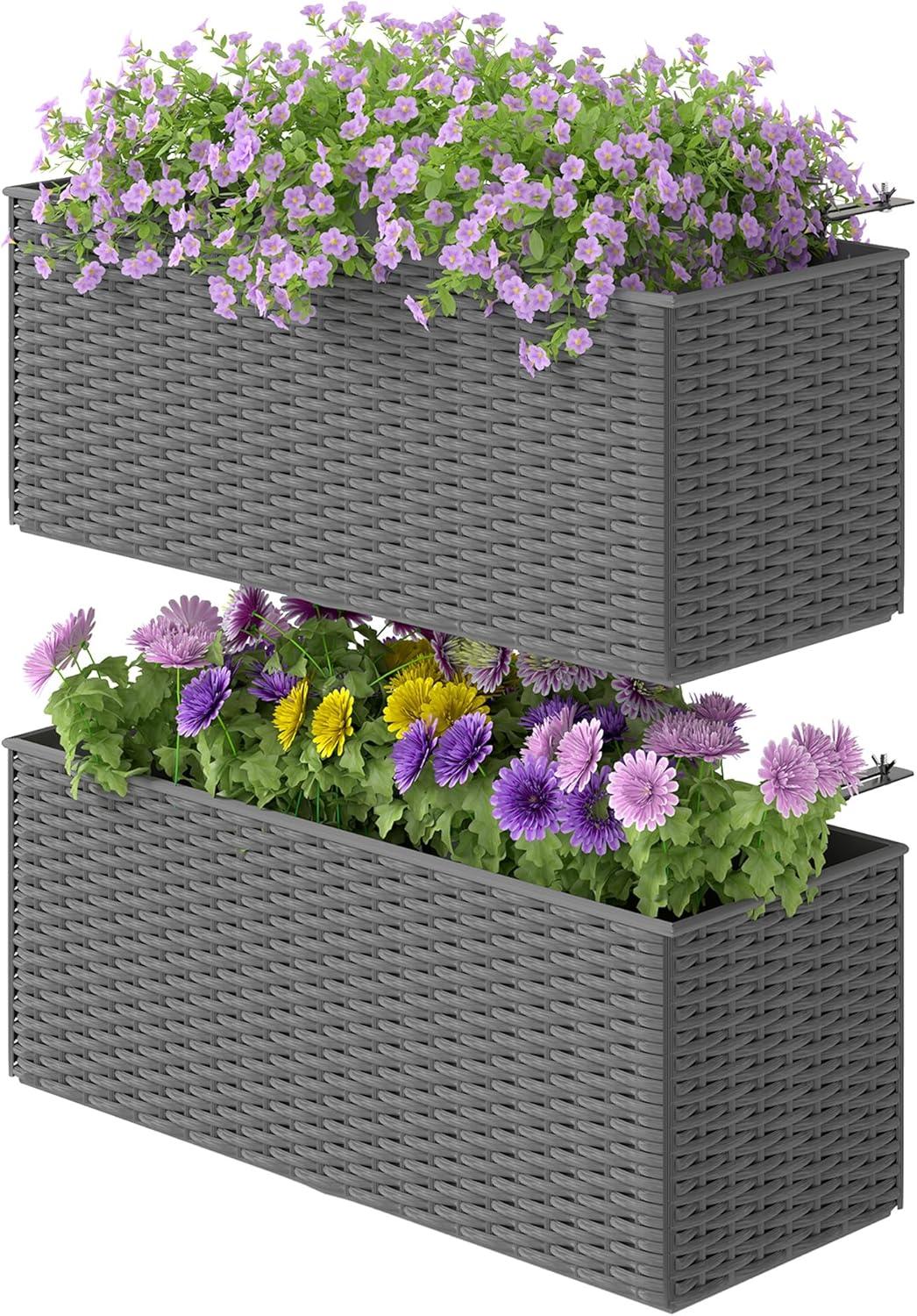 Outsunny Railing Planter Box (2 Pack, 20 Inch), Hanging Flower Pots with Hooks, Drainage Holes for Fence, Balcony, Garden, Patio, Rattan Look, Black