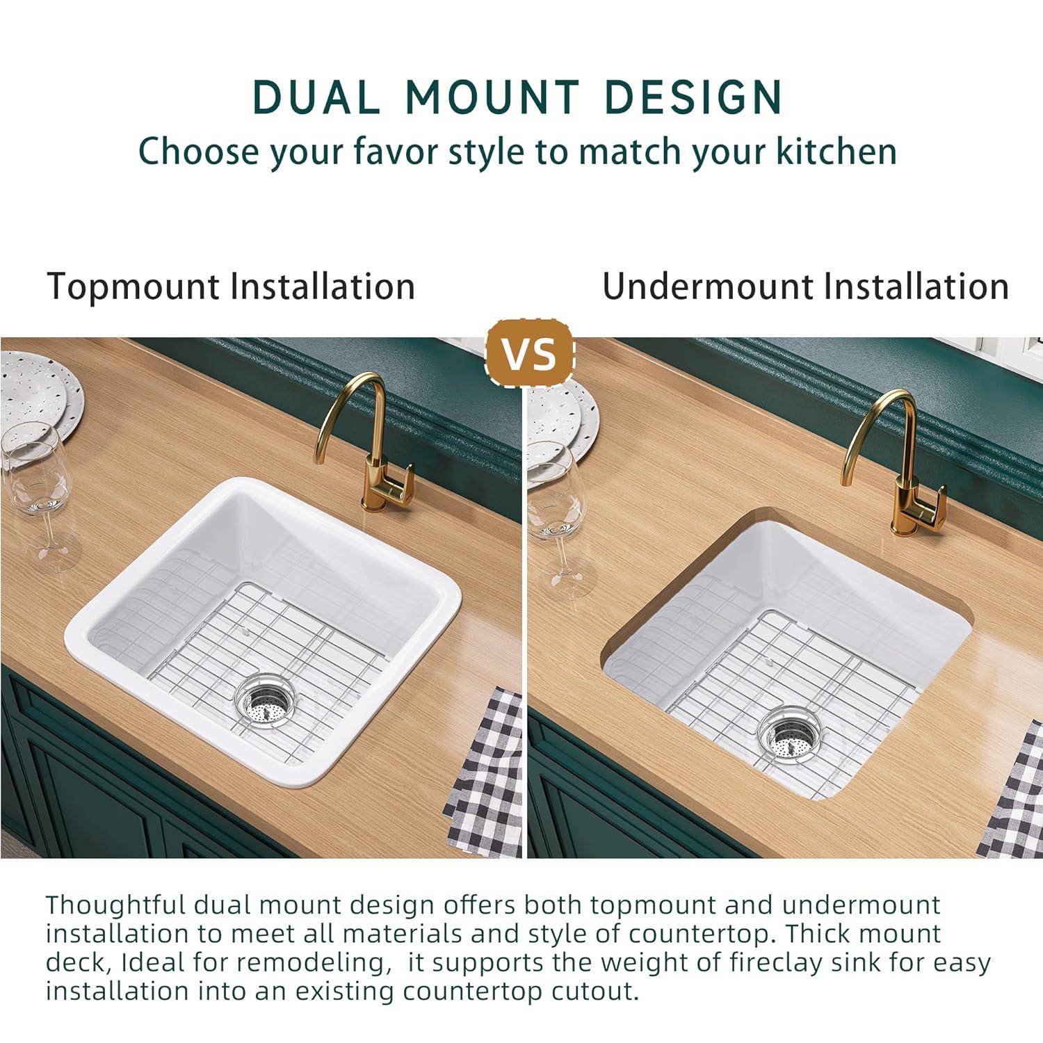 White Undermount Kitchen Sink 18 Inch - Small Topmount Wet Bar Sink Drop In 18”x18”x9”, Dual Mount Single Bowl, Heavy Duty Solid Fireclay, w 2 Accessories, for Kitchen & Laundry & Outdoor