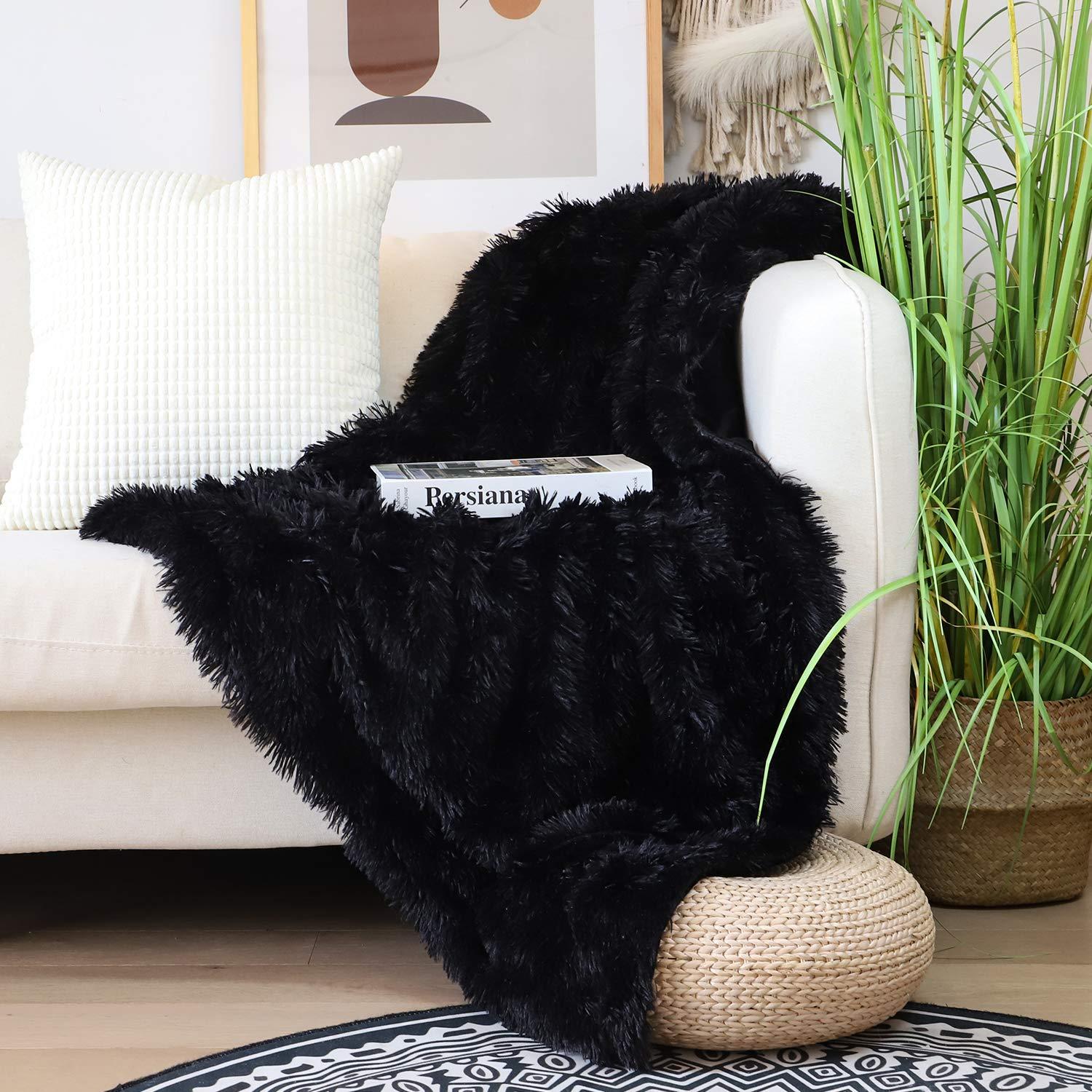 Tuddrom Decorative Extra Soft Faux Fur Throw Blanket 50" x 60",Reversible Fuzzy Long Hair Shaggy Throw Blankets, Fluffy Cozy Plush Fleece Comfy Microfiber Fur Blanket for Couch Sofa Bed, Black
