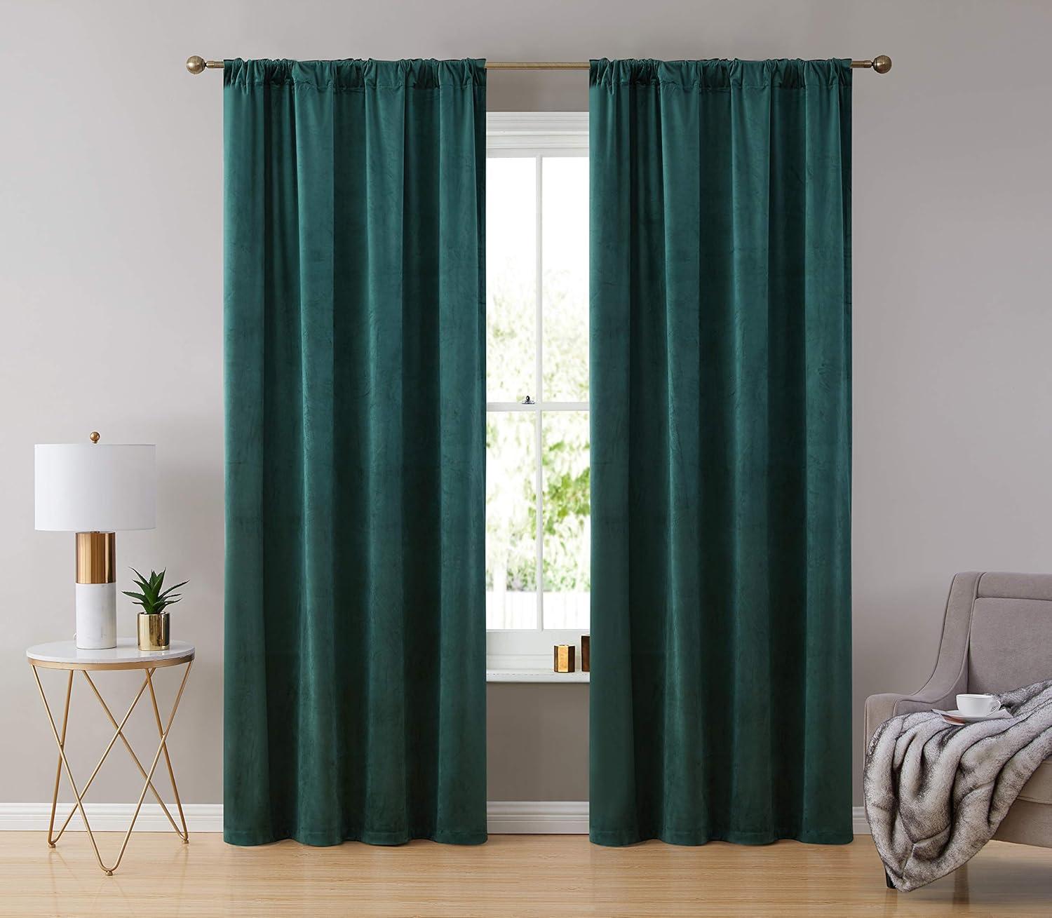 Green Velvet Light-Filtering Back Tab Rod Pocket Curtains, 84-inch Panels