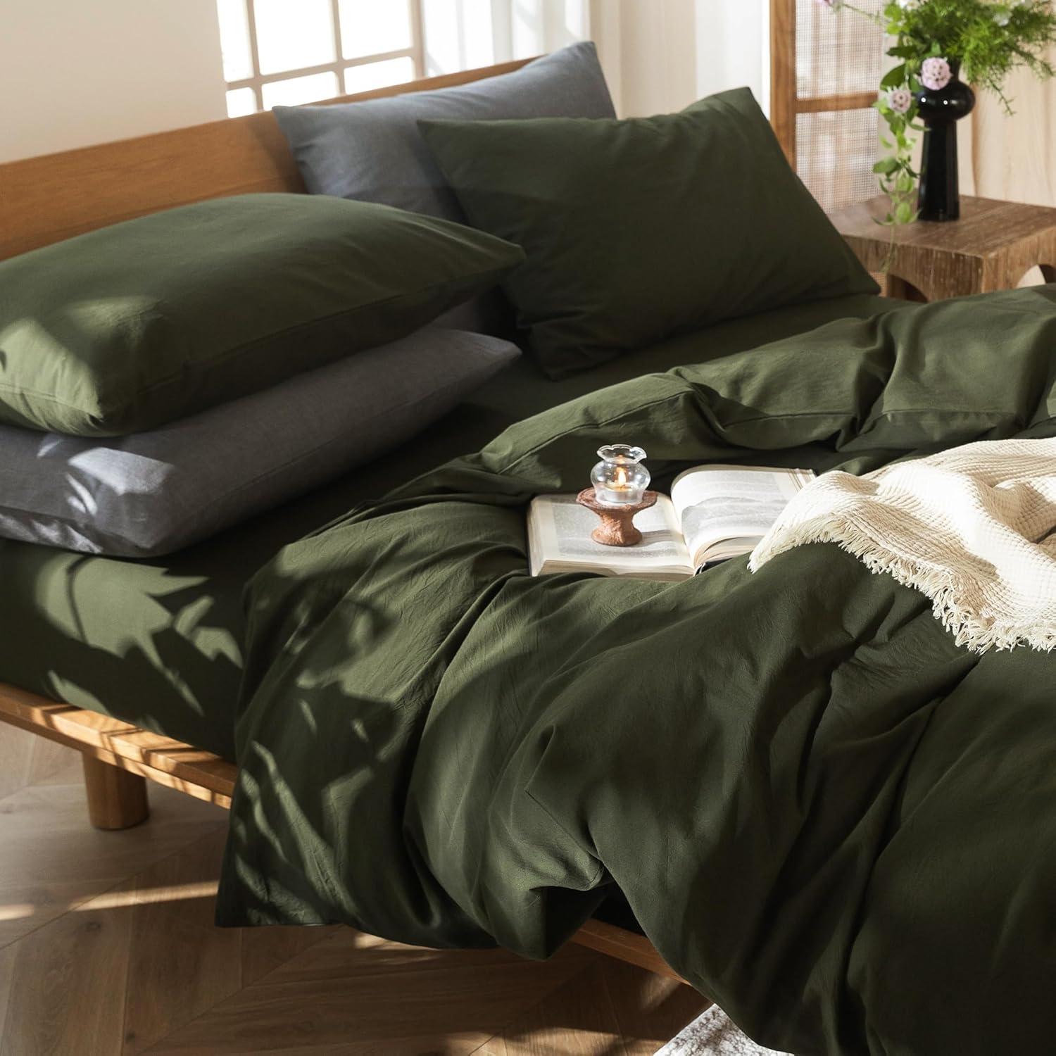 MOOMEE 100% Washed Cotton Linen Like Textured Duvet Cover Set