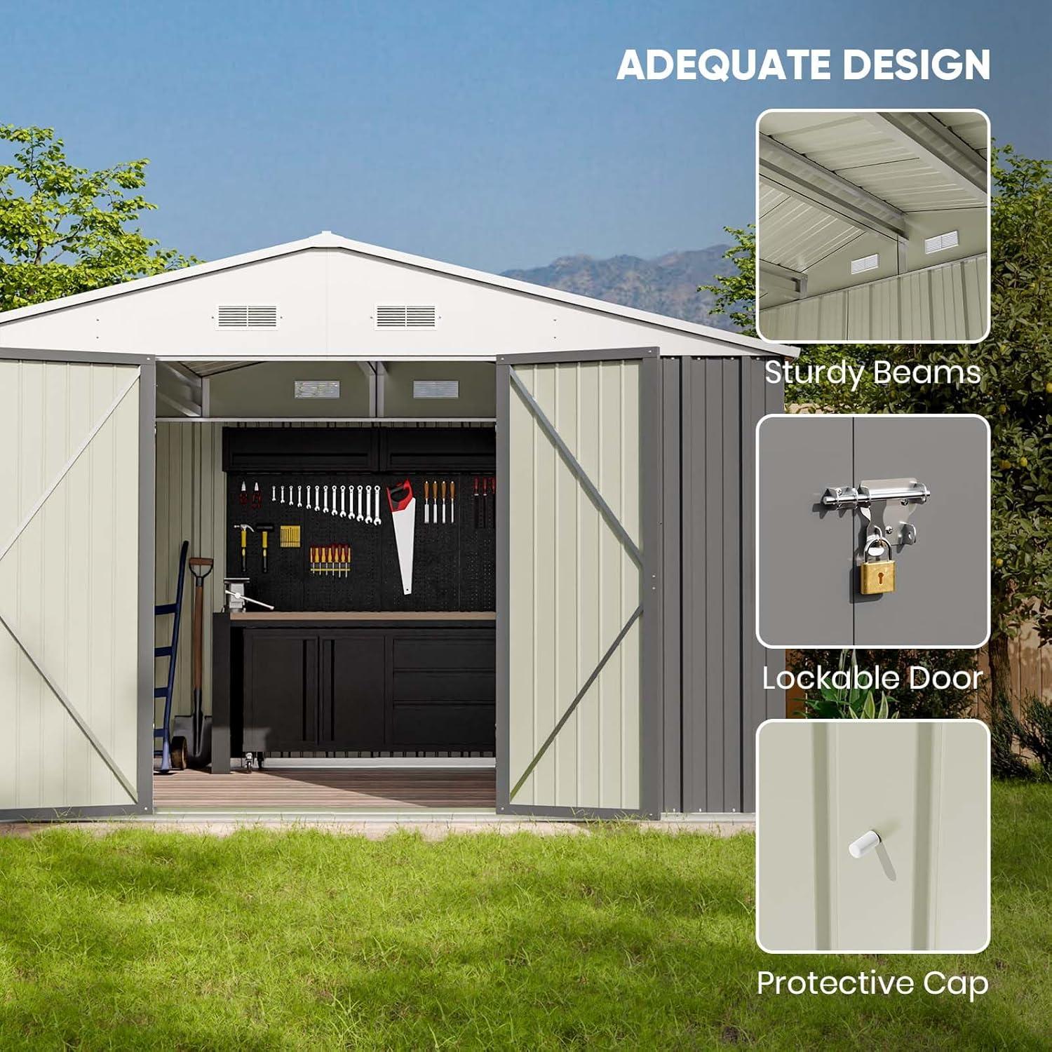 Patiowell  10 x 8 ft. Outdoor Storage Metal Shed with Sloping Roof and Double Lockable Door, Gray