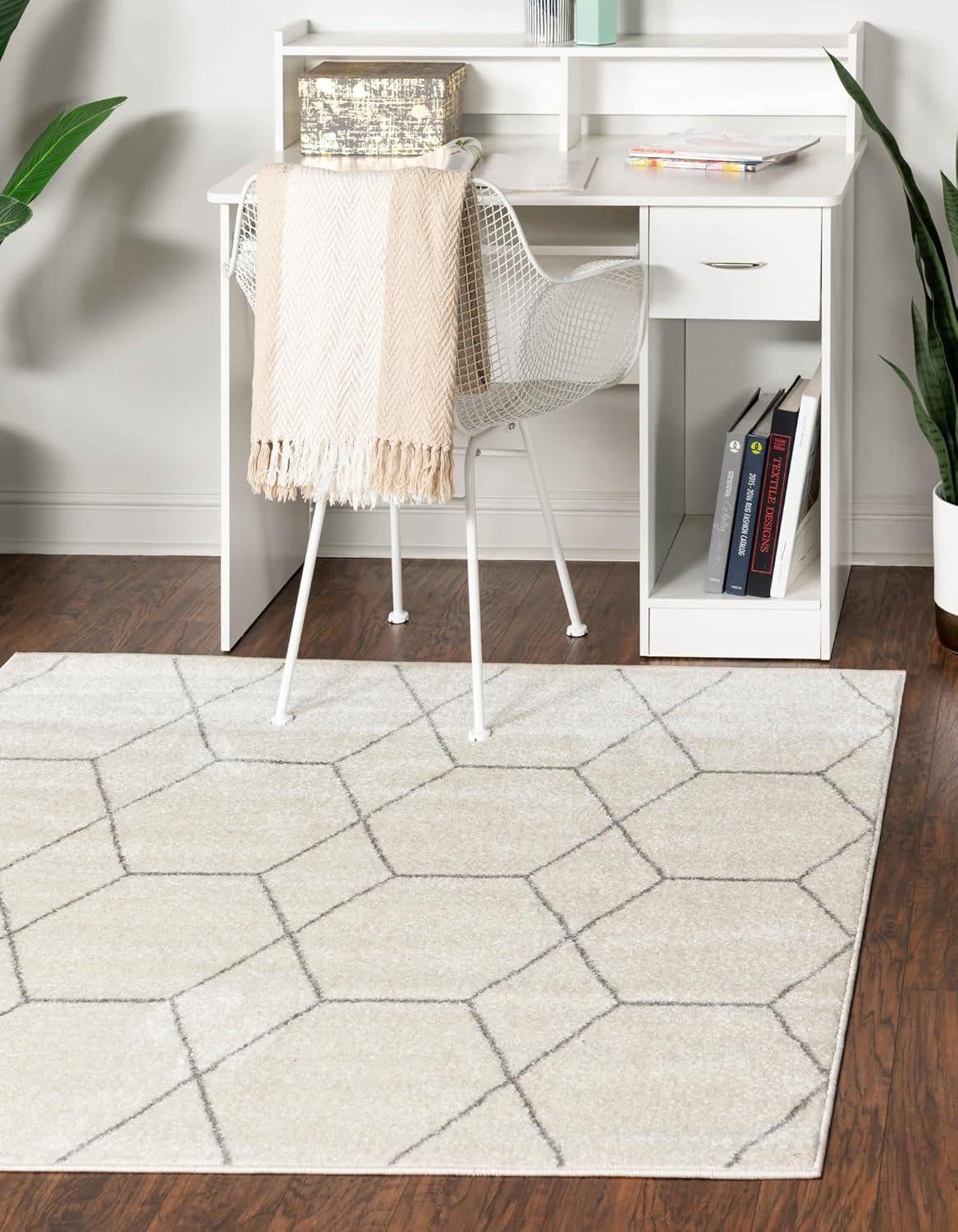 Ivory and Gray Trellis Square Synthetic Area Rug