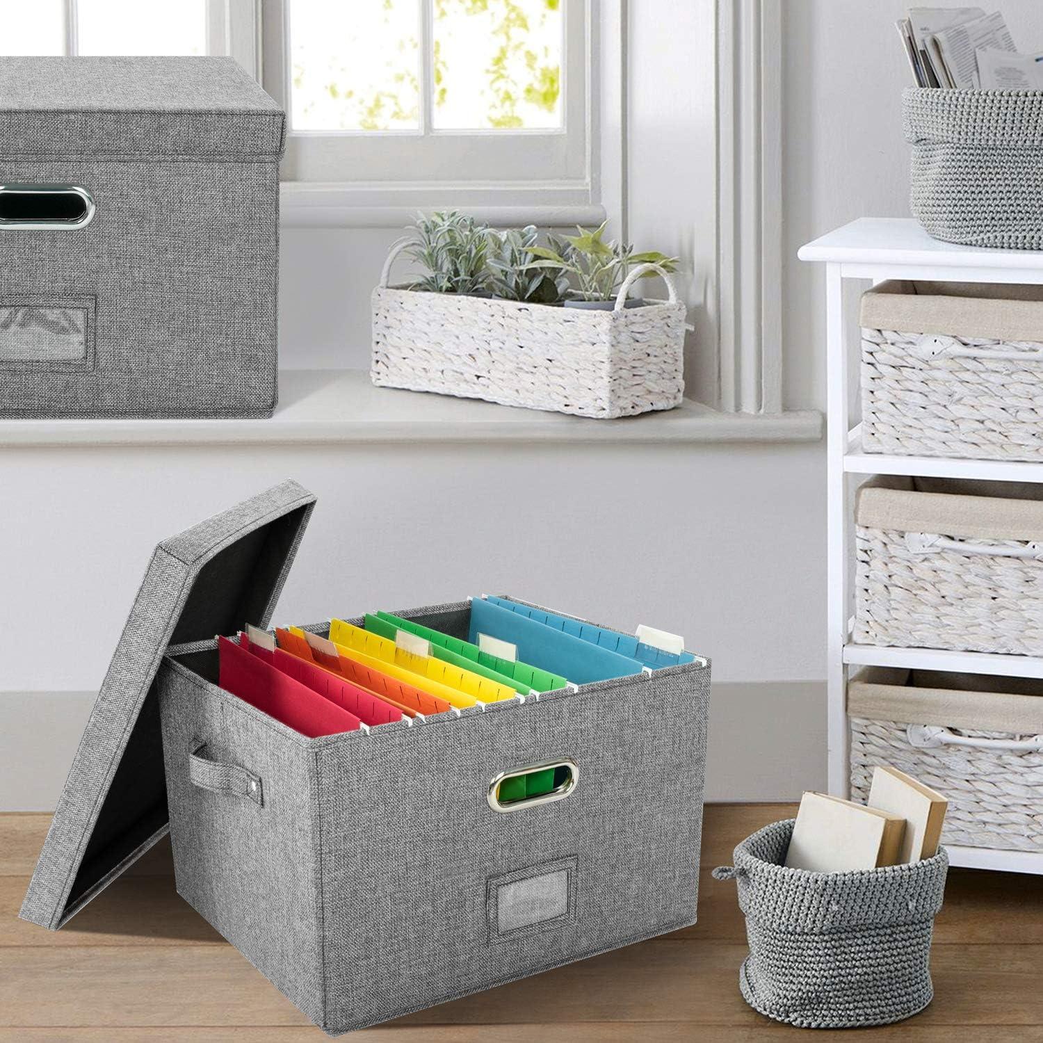 Gray Linen Collapsible File Box with Hanging Folders