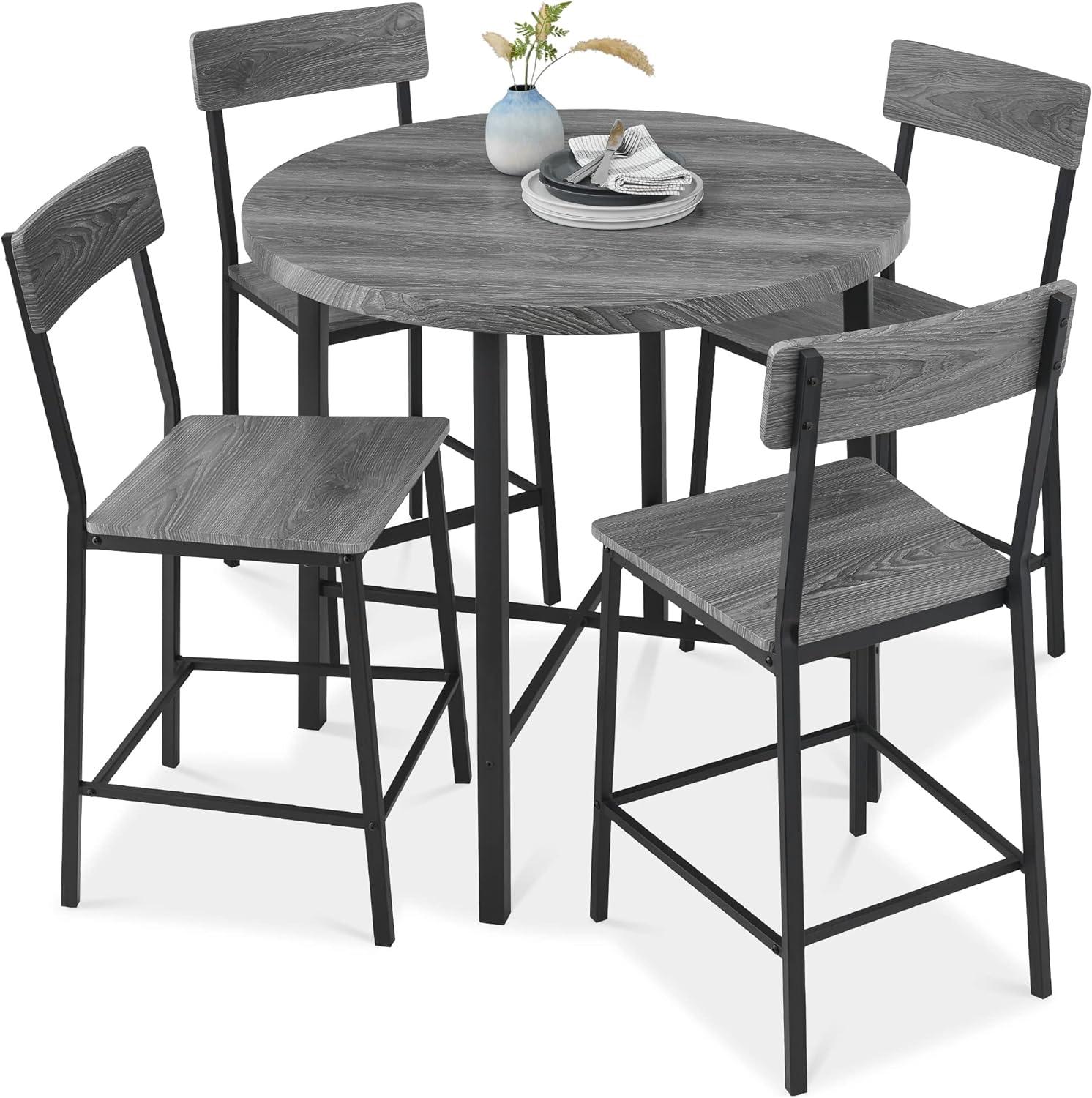 Gray MDF and Steel Round Counter Height Dining Set with 4 Chairs