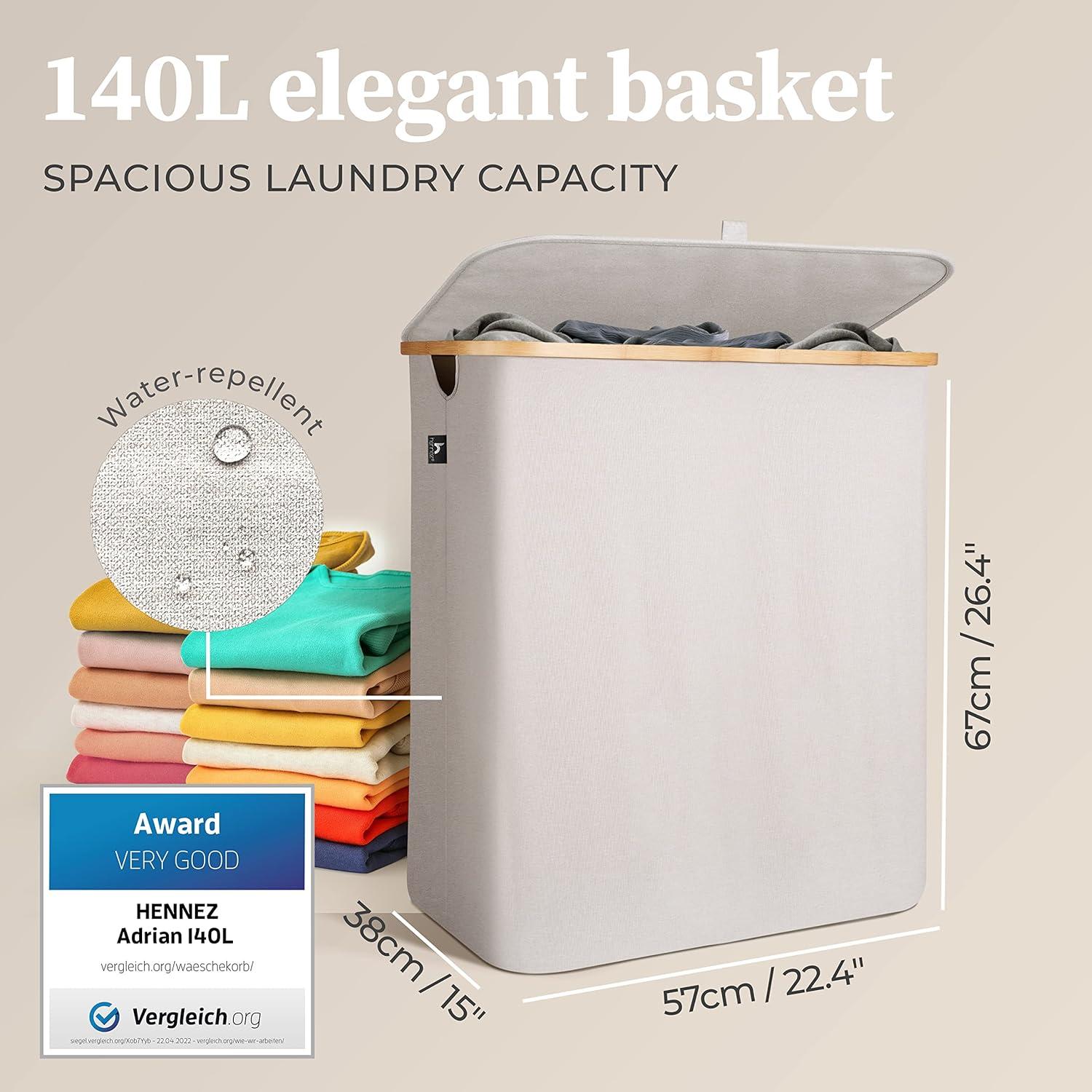 Hennez® Double Laundry Hamper with Lid, 2x Removable Bags, Thic Fabric, Bamboo Hamper 140Liter - 36gal - Light Gray
