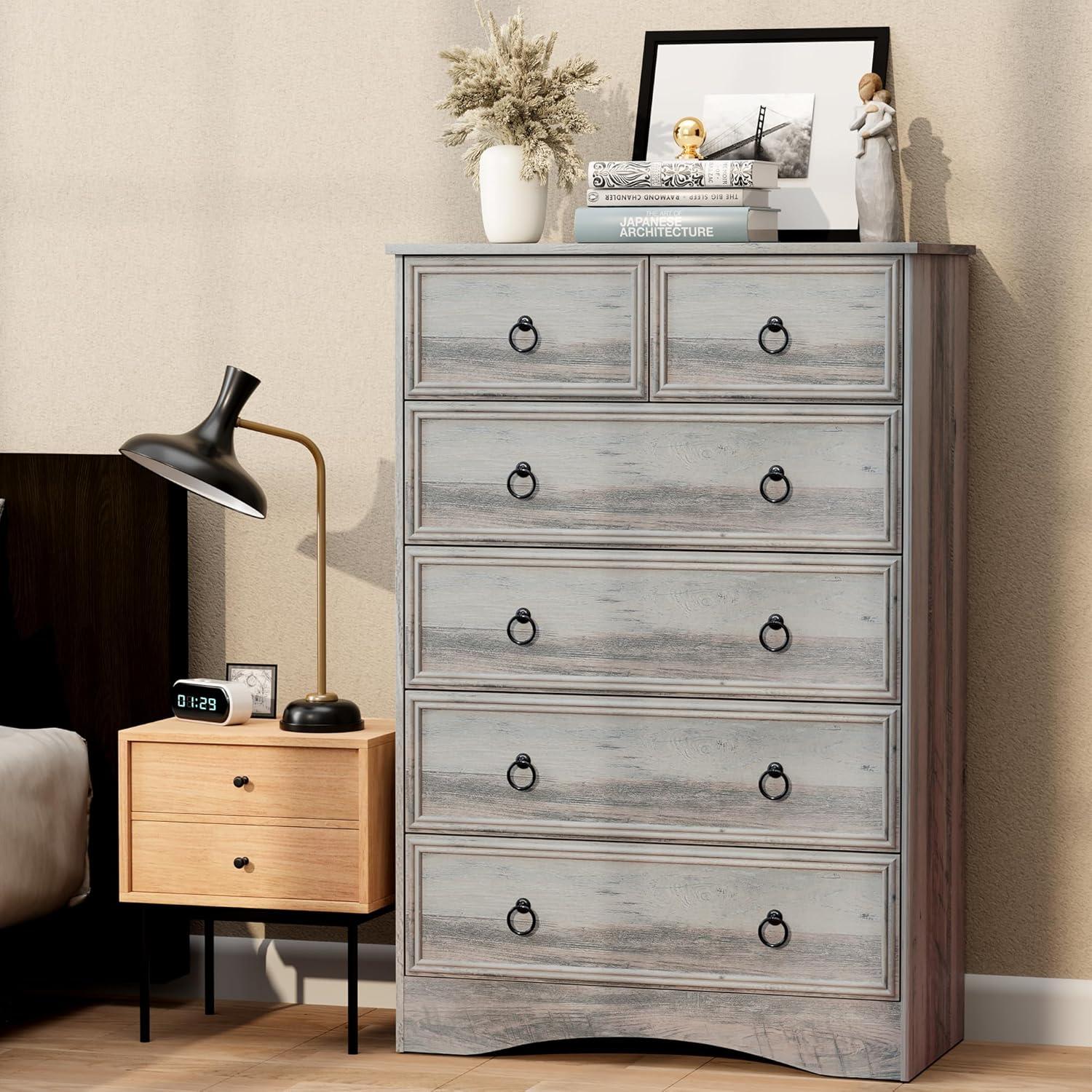 6 Drawer Dresser, Tall Wood Chest of Drawers Dressers for Bedroom, Living Room, Gray