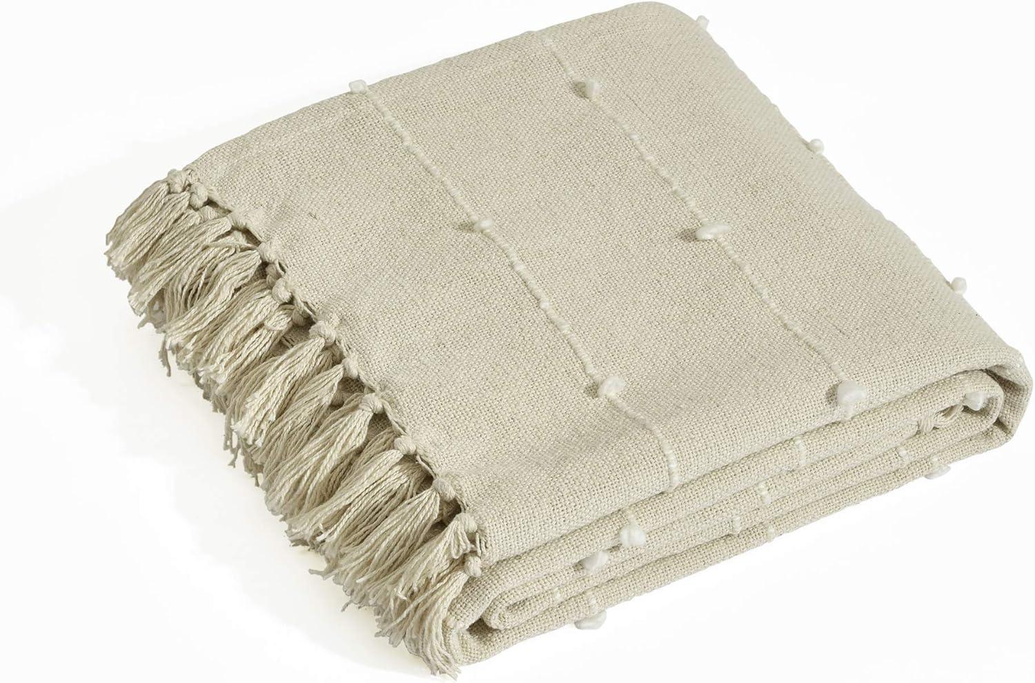 50"x60" Boho Tufted Cotton Woven Tassel Throw Blanket with Fringes Neutral - Lush Décor