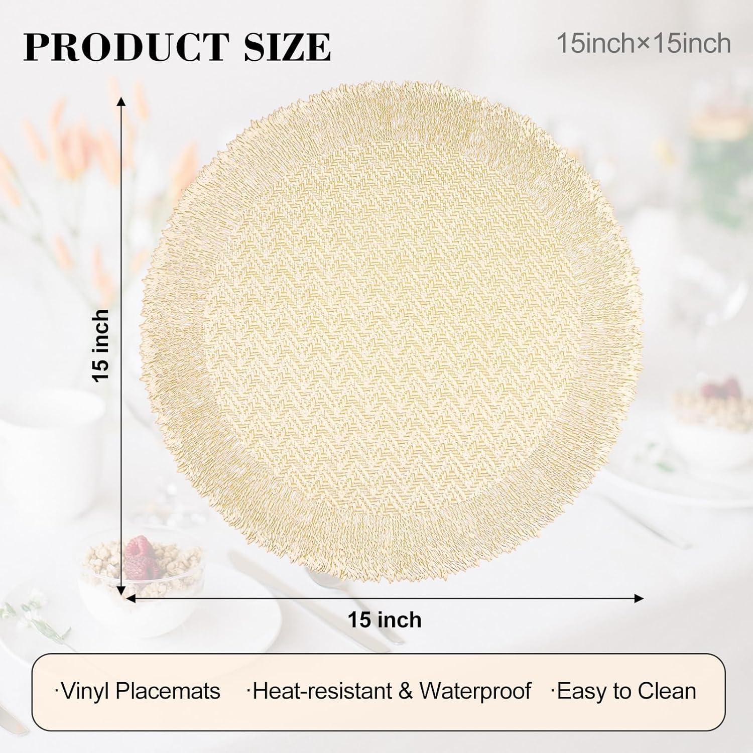 Efavormart 6 Pack 15" Gold Round Woven Vinyl Placemats Non Slip Dining Table Placemats For Wedding Events Birthday Party