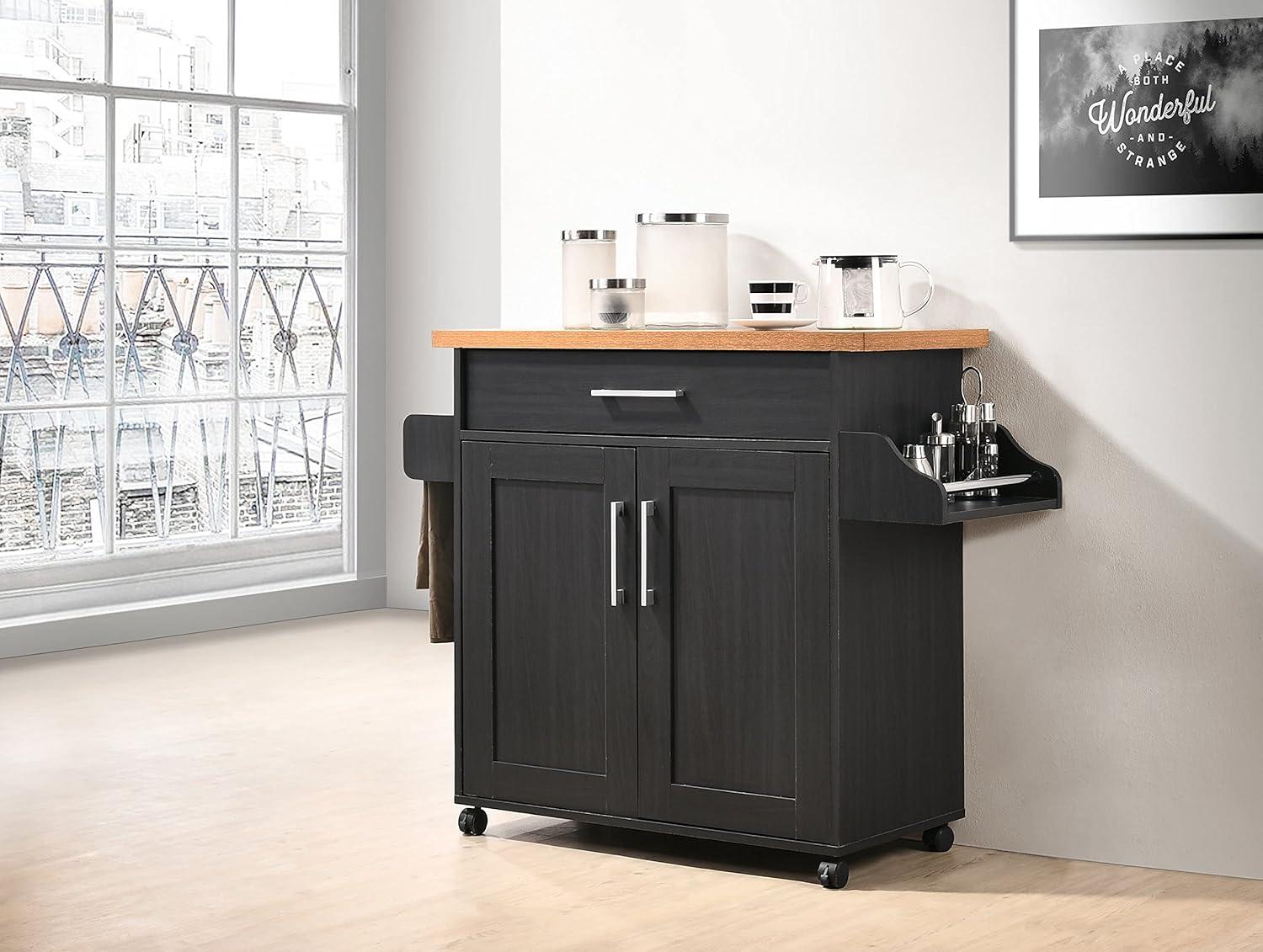 Hodedah Wheeled Kitchen Island with Spice Rack and Towel Holder, Black/Beech