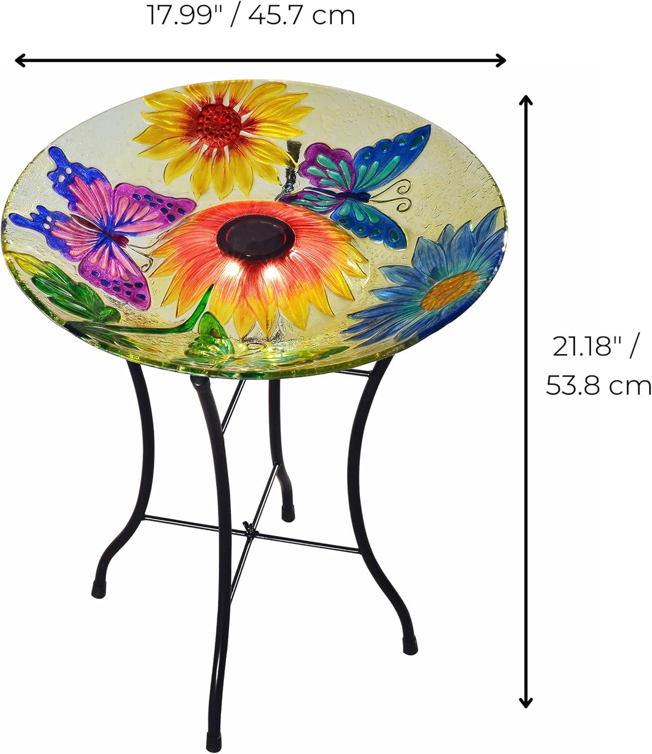 Teamson Home Outdoor 18" Hand painted Butterfly Fusion Glass Solar Bird Bath w/ Stand