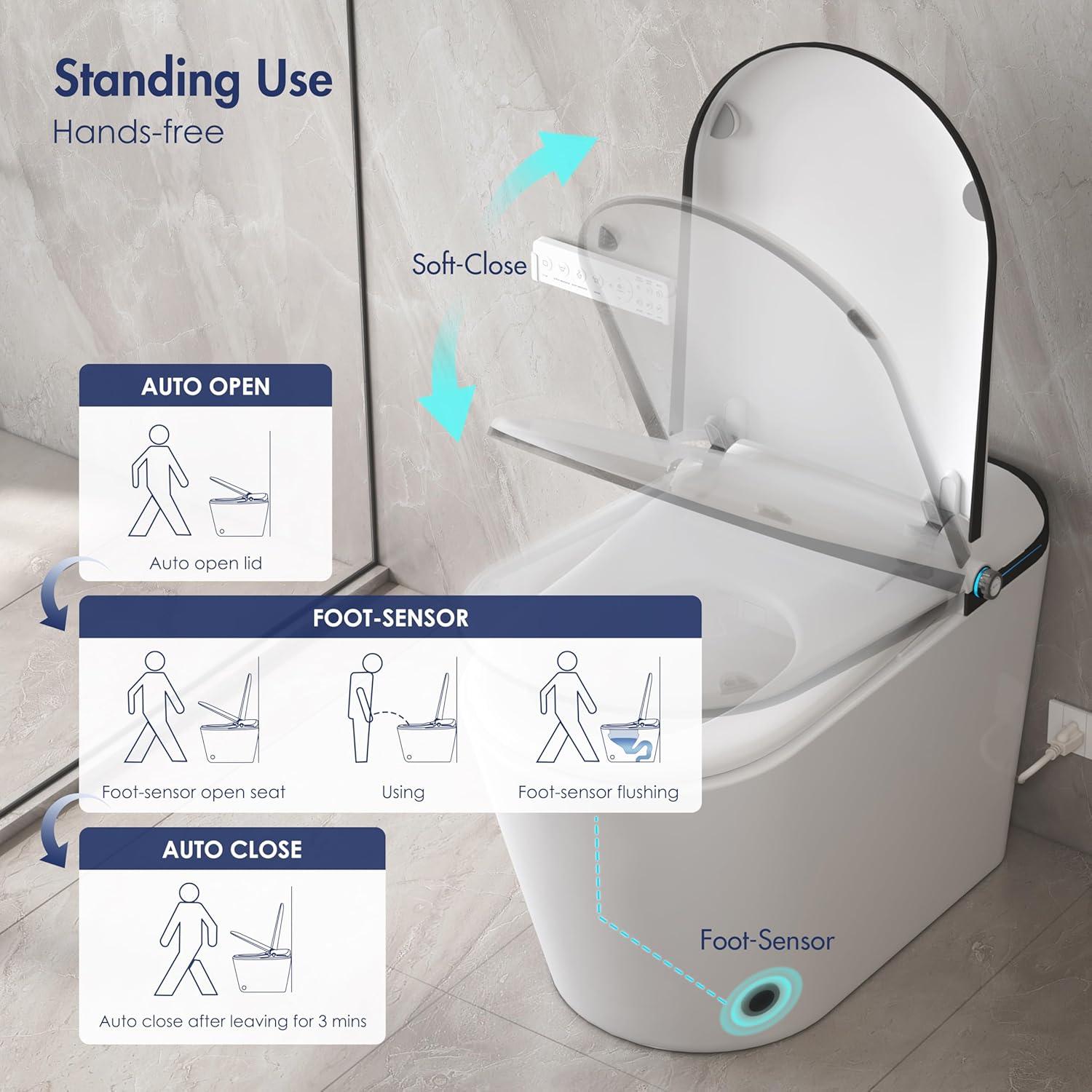 Elongated Smart Bidet Toilet with Heated Seat, Sensor-Activated Lid, Auto & Blackout Flush, Night Light (Remote Included)