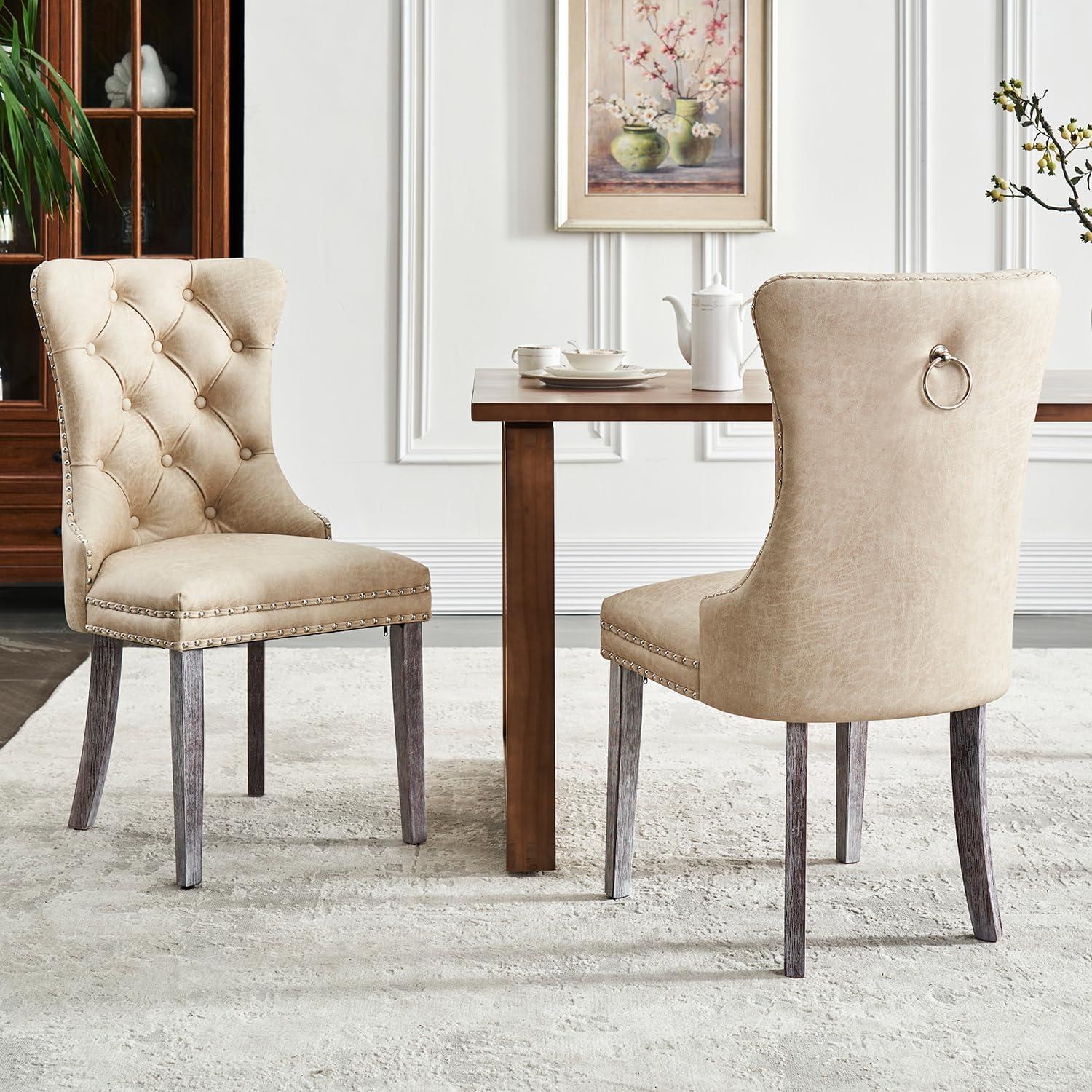 SoarFlash Velvet Dining Chairs Set of 4, Tall Back Side Chair, Modern Upholstered High-end Tufted Side Chair with Button Back Ring, Solid Wood Legs (Beige)