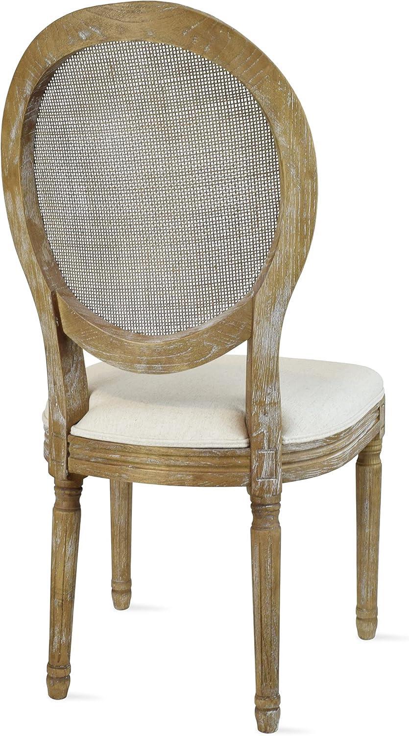 2xhome - French Chic Vintage Style Dining Side Chair With Upholstered Linen Welted Fabric And Elegant Natural Rustic Wood Frame - Rattan Wicker Oval Back, Set of 1, 1 piece