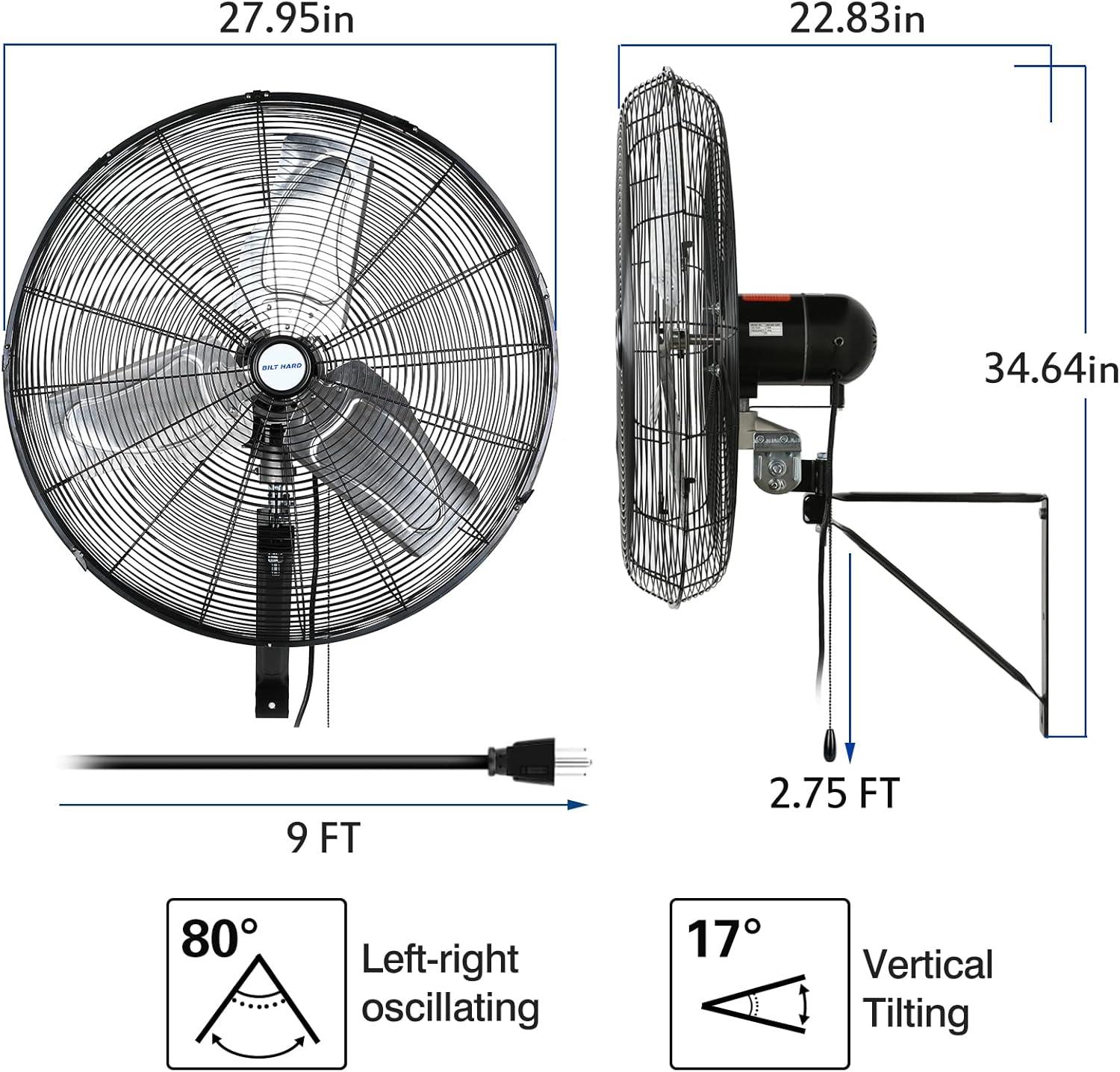 BILT HARD 18" Industrial Wall Mount Fan, 3-Speeds High Velocity Wall Fan with Sealed Motor, 4300 CFM Heavy Duty Metal Barn Fans