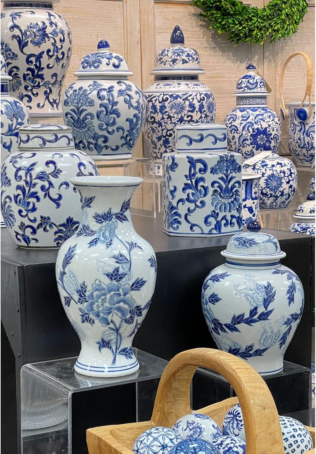 Dark Blue Floral Chinoiserie Ceramic Vase with White Accents