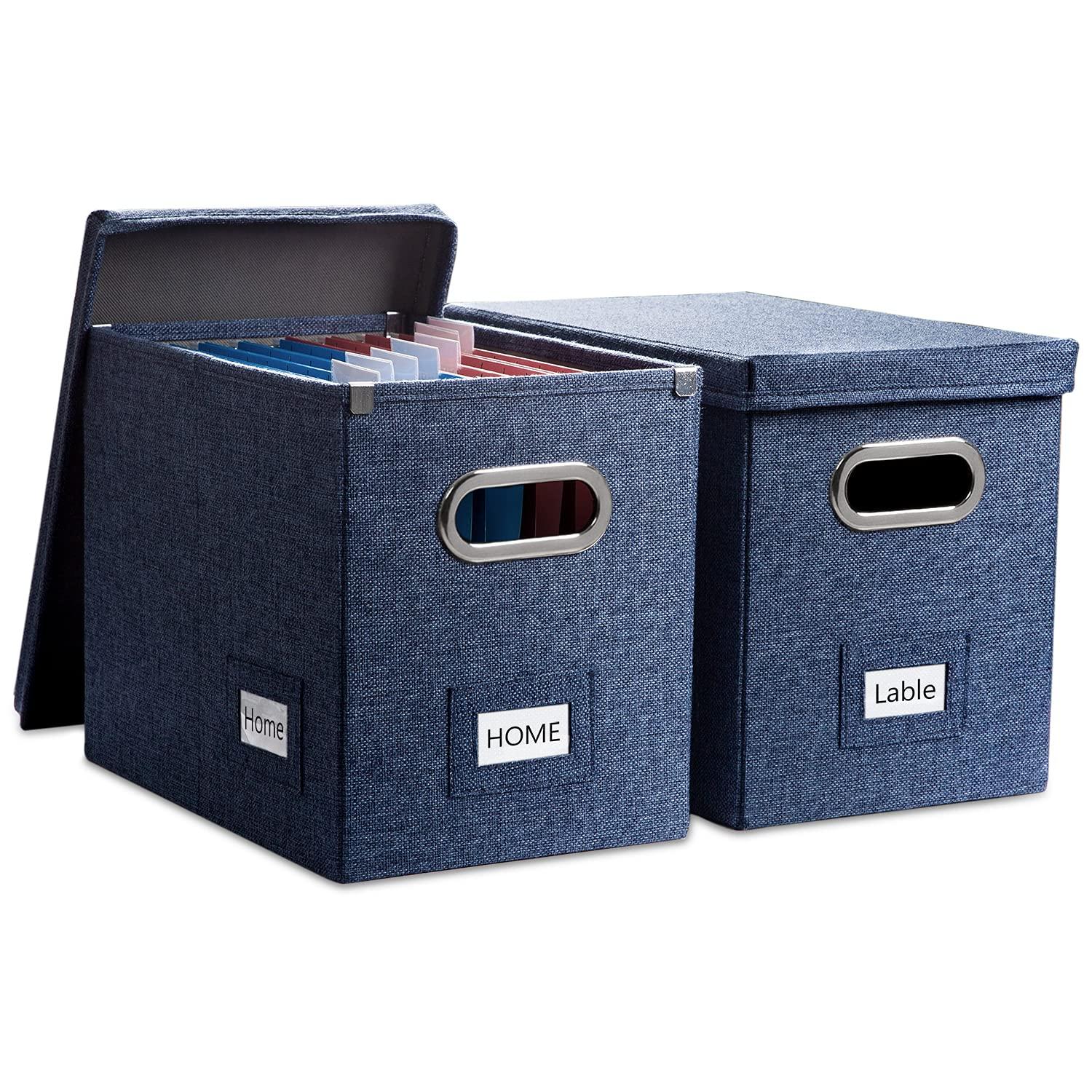 PRANDOM File Organizer Box - Set of 2 Collapsible Decorative Linen Filing Storage Hanging File Folders with Lids Office Cabinet Letter Size Navy Blue (14x9.3x10.8 inch)