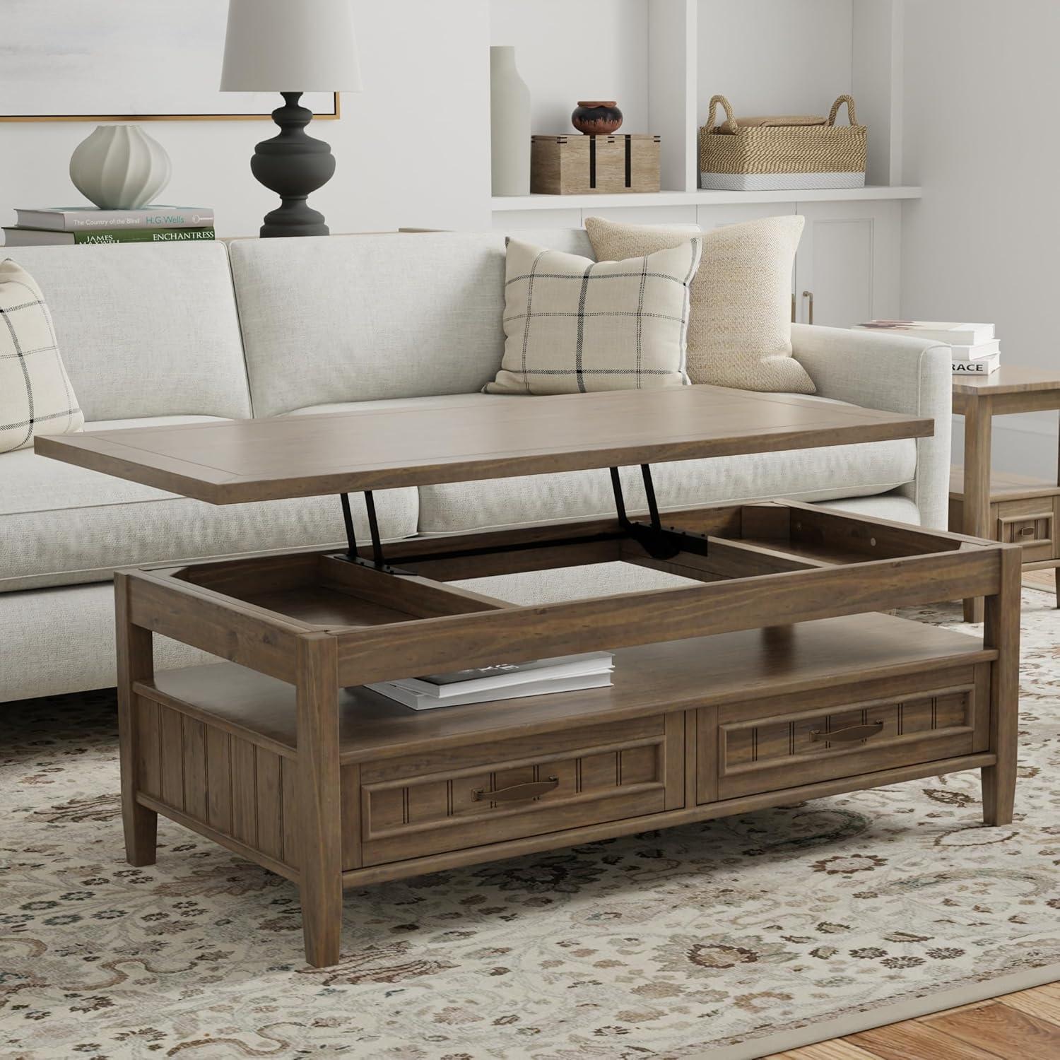 Simpli Home Lev SOLID WOOD 48 inch Wide Rectangle Transitional Lift Top Coffee Table in Smoky Brown