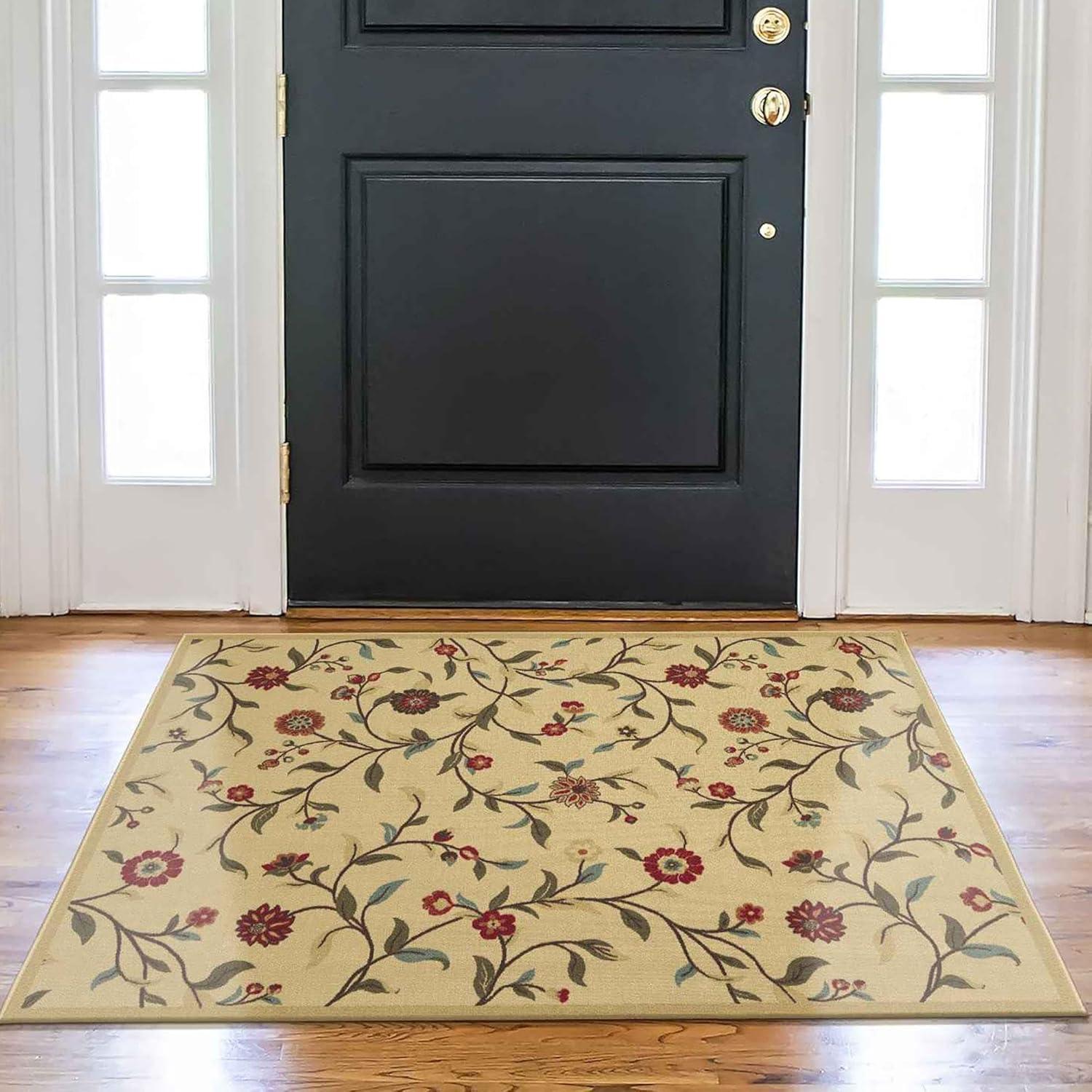 Ottohome Machine Washable Non-Slip Rubberback Floral Leaves Area Rug