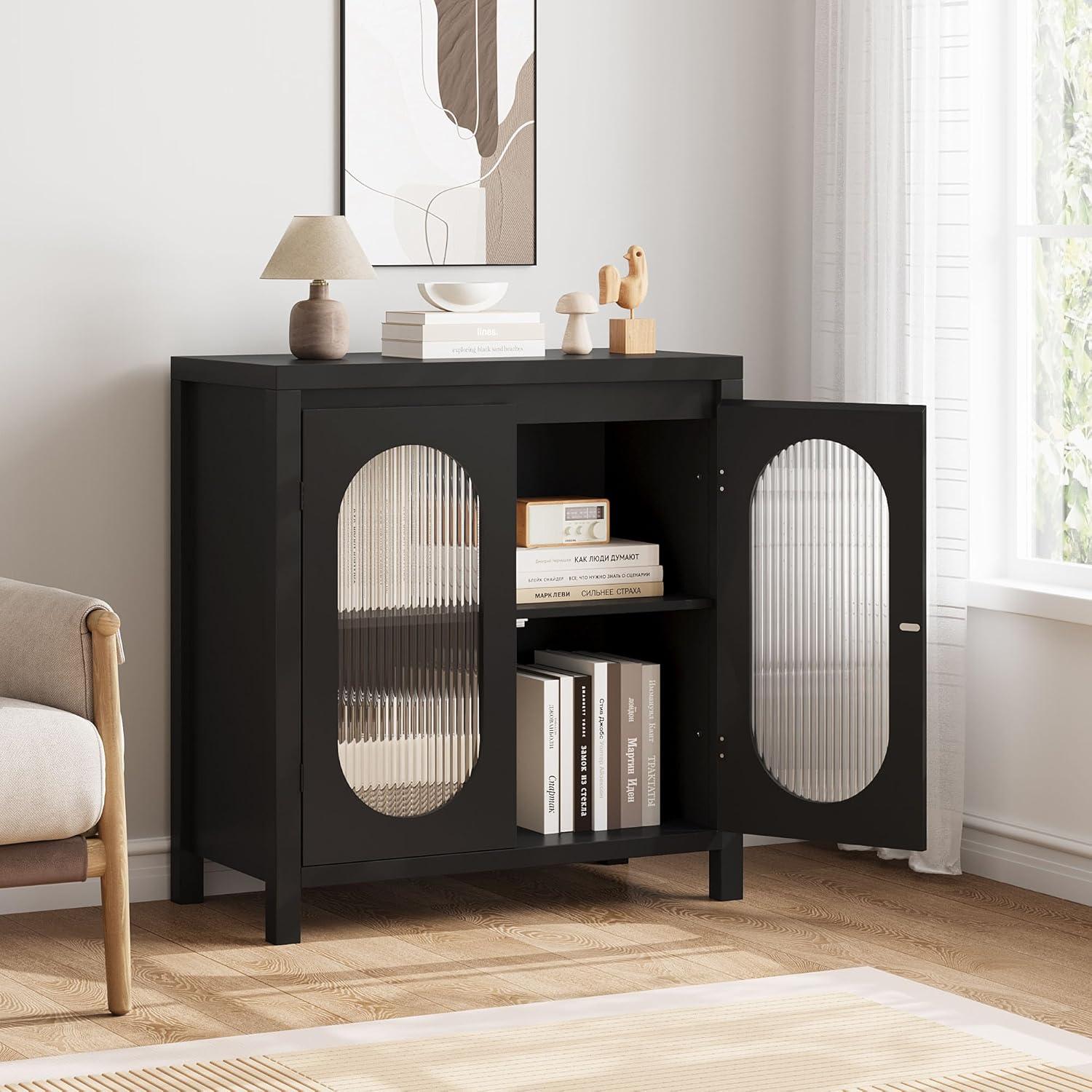 Rattan Storage Cabinet, Wooden Sideboard Buffet Cabinet with Doors and Shelves, Small Console Cabinet with Storage