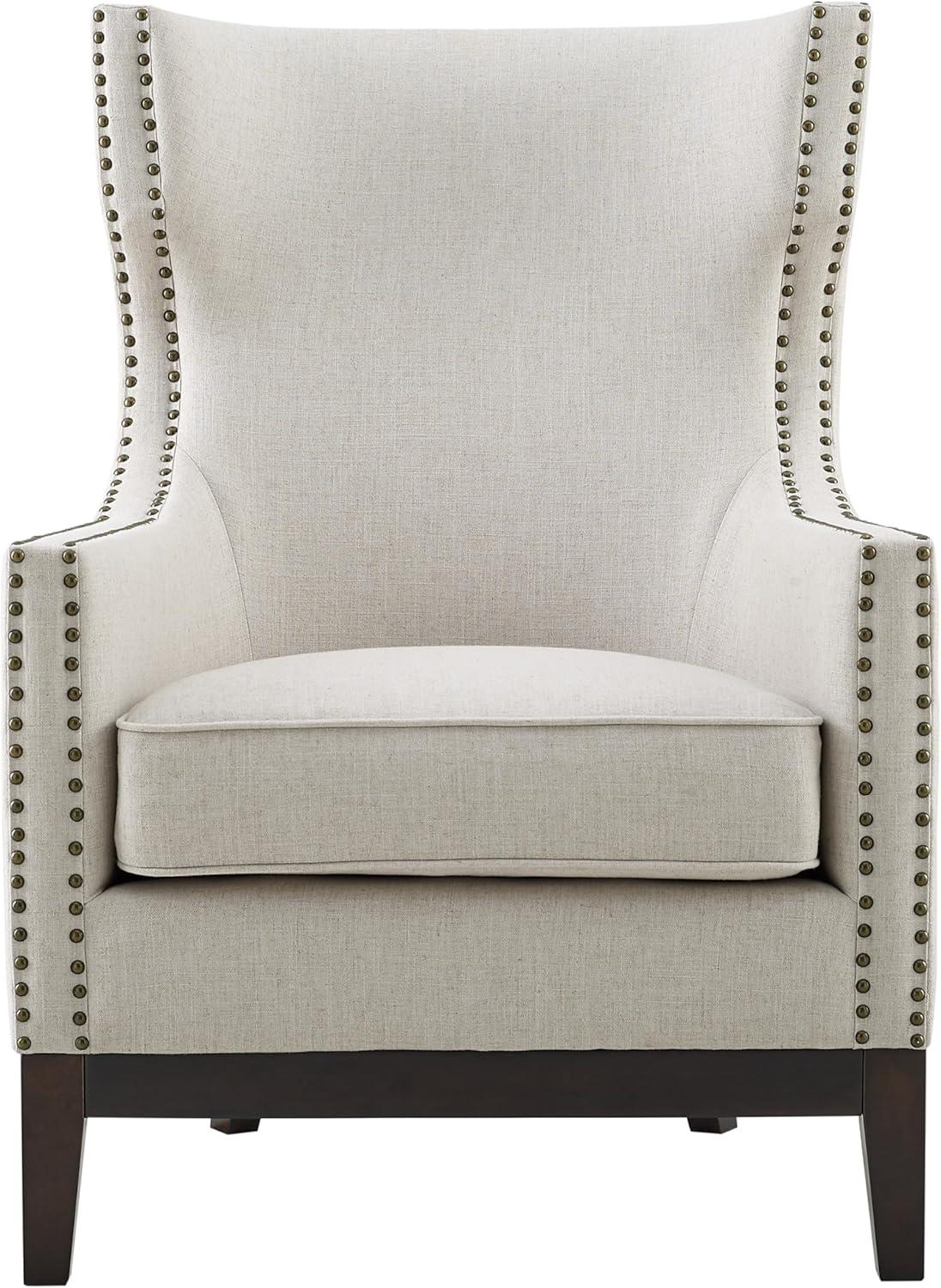 Beige Linen Wing-Back Accent Chair with Nailhead Trim