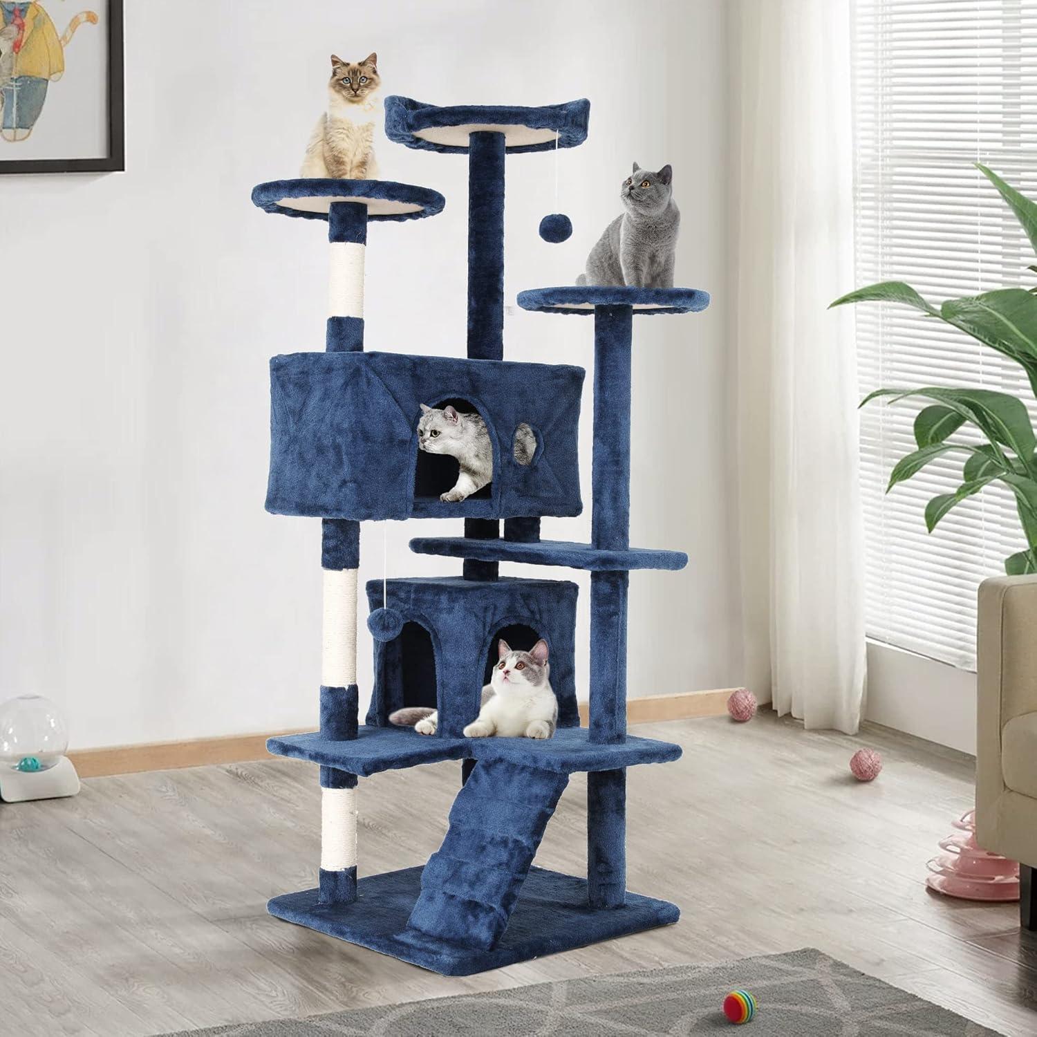 FDW 54in Cat Tree Tower Multi-Level Scratching Post & Play House for Indoor Cats/Kittens, Navy Blue