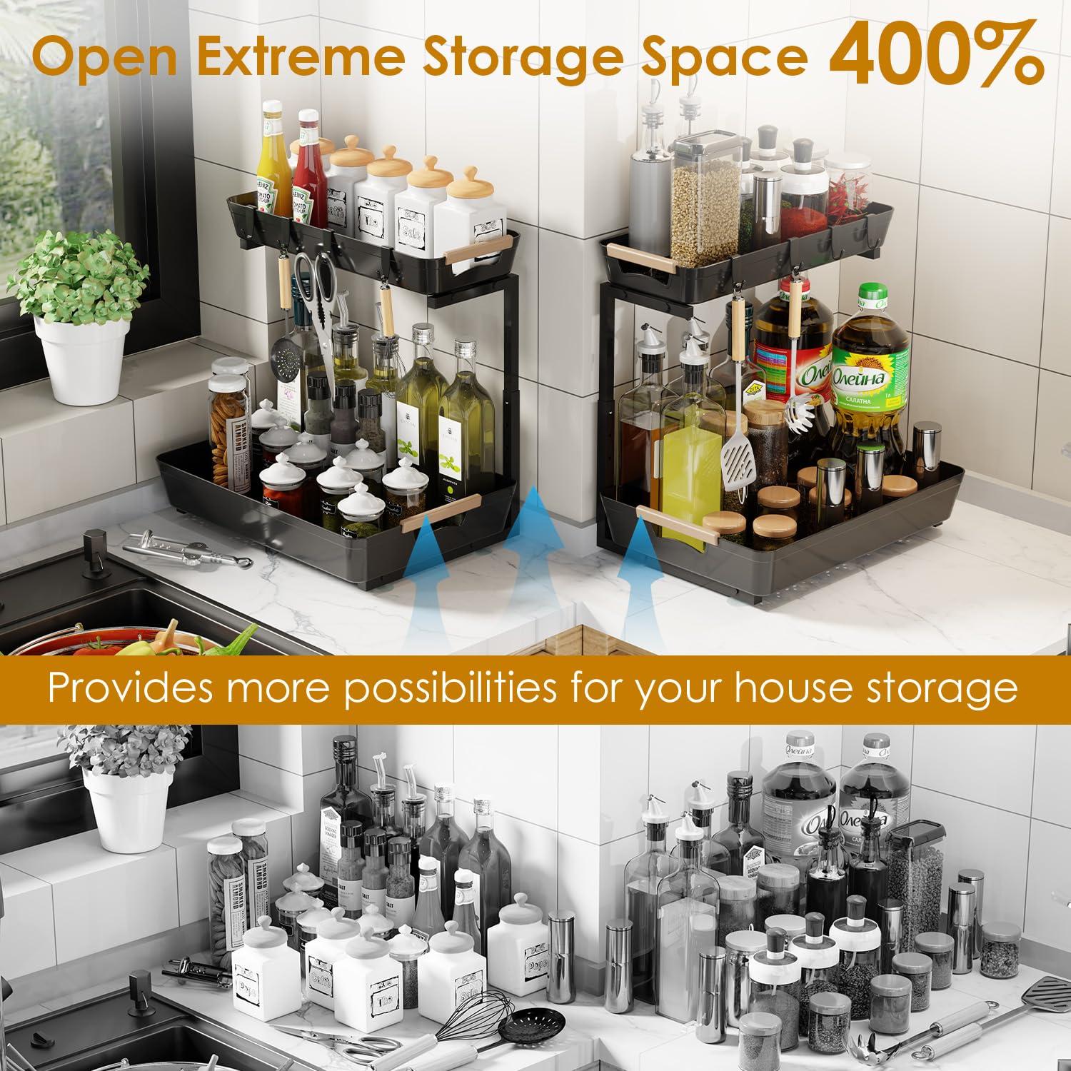 Rebrilliant Under Sink Organizer, 2 Tier Under Sink Organizers And Storage, Metal Slide Out Pull Out Cabinet Organizer ,2 Pack Sliding Drawer Organizer For Kitchen Bathroom Pantry
