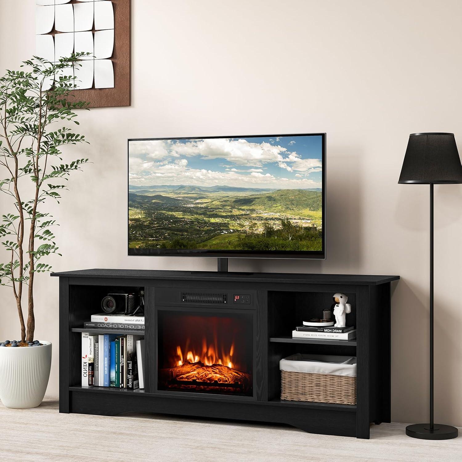 Black MDF TV Stand with Fireplace and Adjustable Shelves