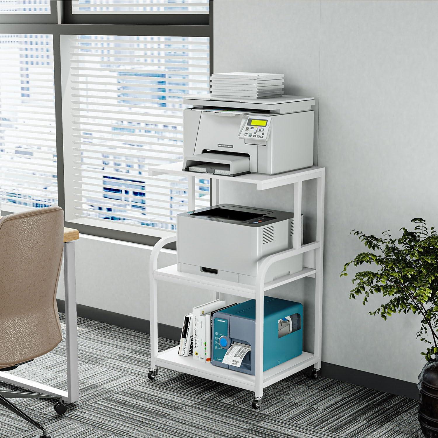 White Steel and Particle Board 3-Tier Rolling Printer Stand