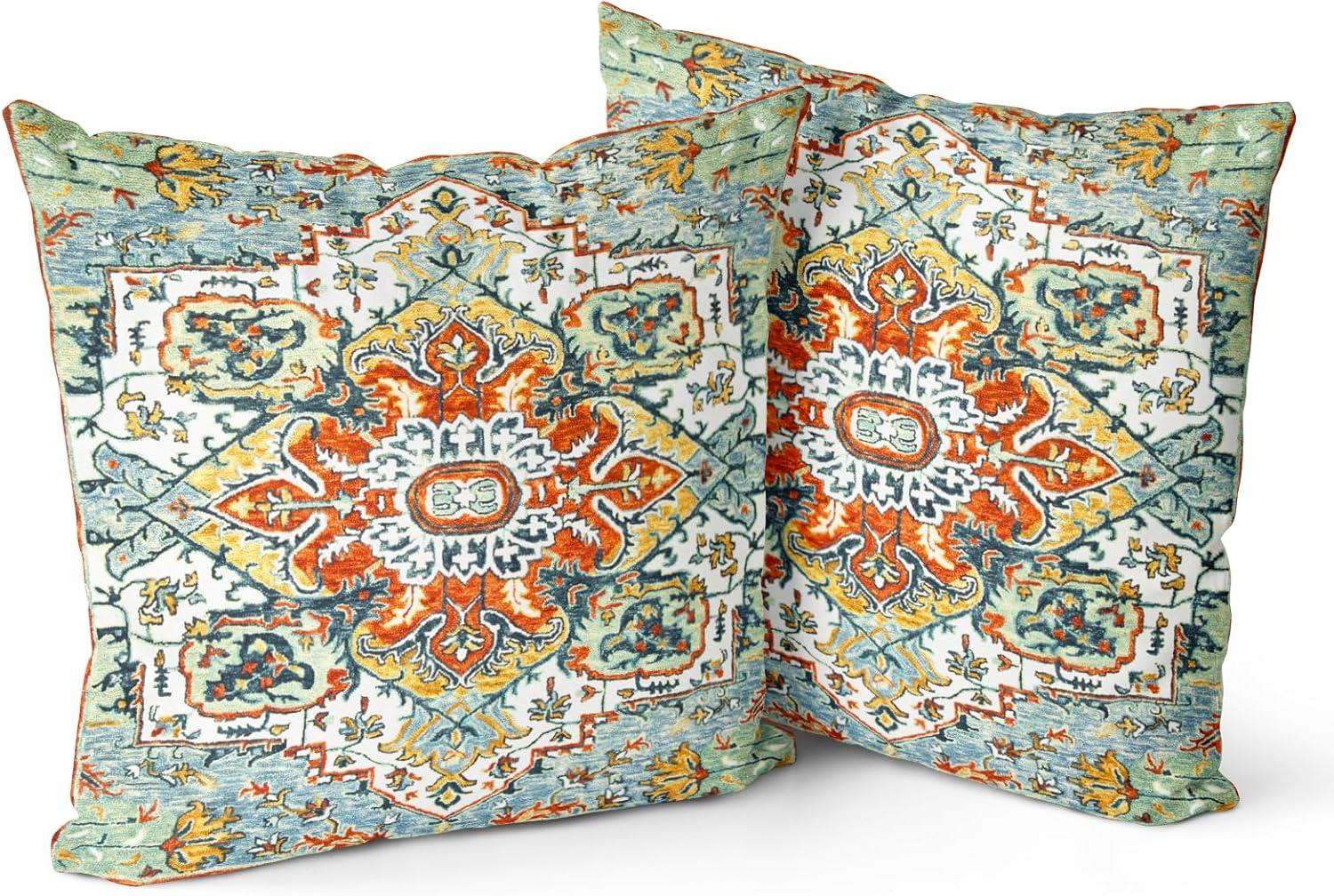 Boho Green Throw Pillow Covers 18x18 inch Set of 2,Bohemian Carpet Double Sided Pattern Soft Plush Cushion Cover for Couch Sofa Bed Decorative,Only Pillowcase (No Insert)
