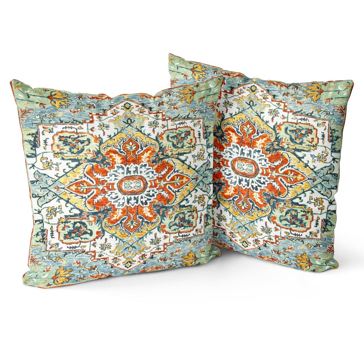 Boho Green Throw Pillow Covers 18x18 inch Set of 2,Bohemian Carpet Double Sided Pattern Soft Plush Cushion Cover for Couch Sofa Bed Decorative,Only Pillowcase (No Insert)