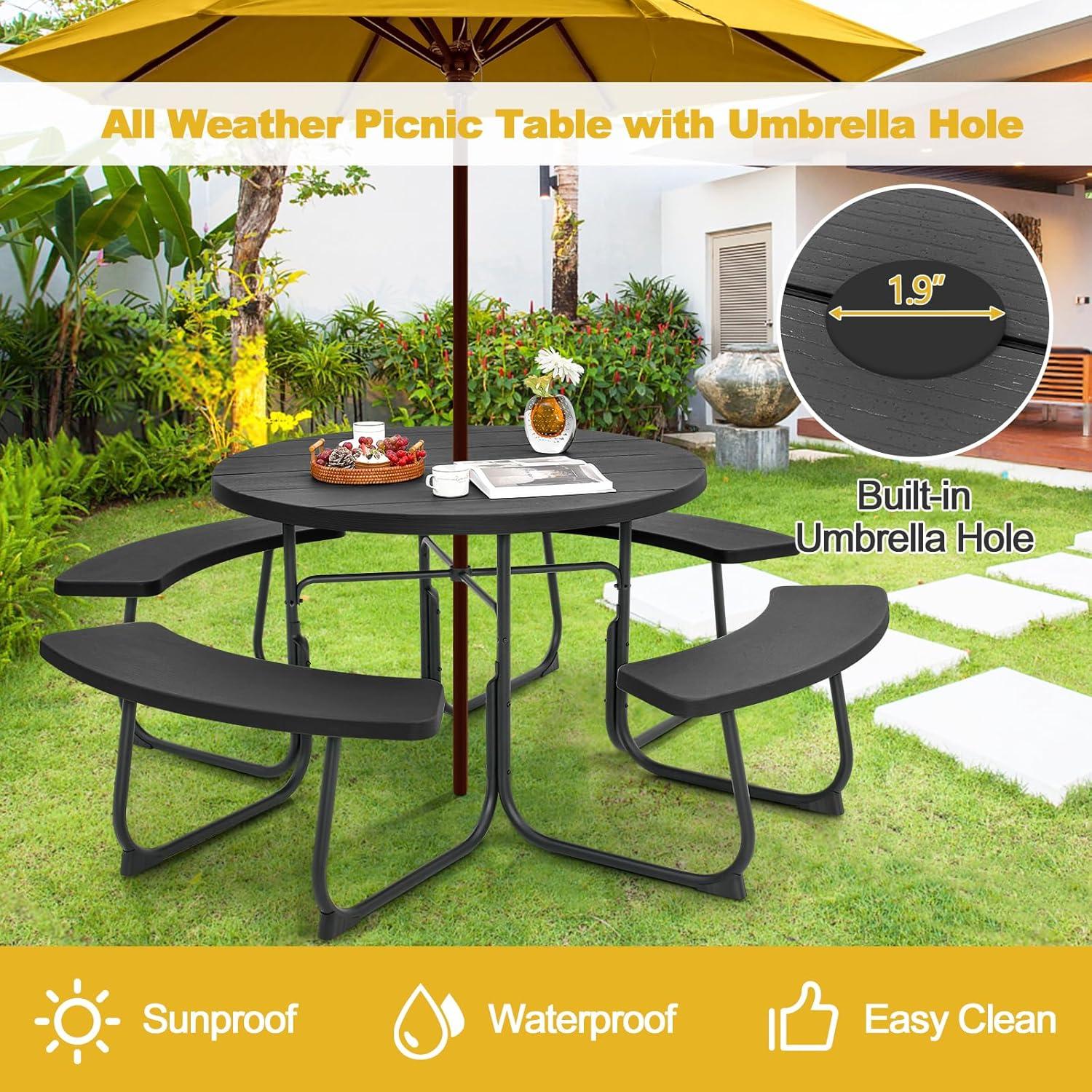 Costway Outdoor 8-person Round Picnic Table Bench Set with 4 Benches & Umbrella Hole Green