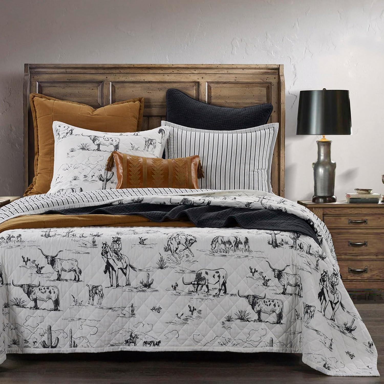 Paseo Road by HiEnd Accents Ranch Life White/Black Cotton Reversible Western Rustic Farmhouse 3 Piece Quilt Set